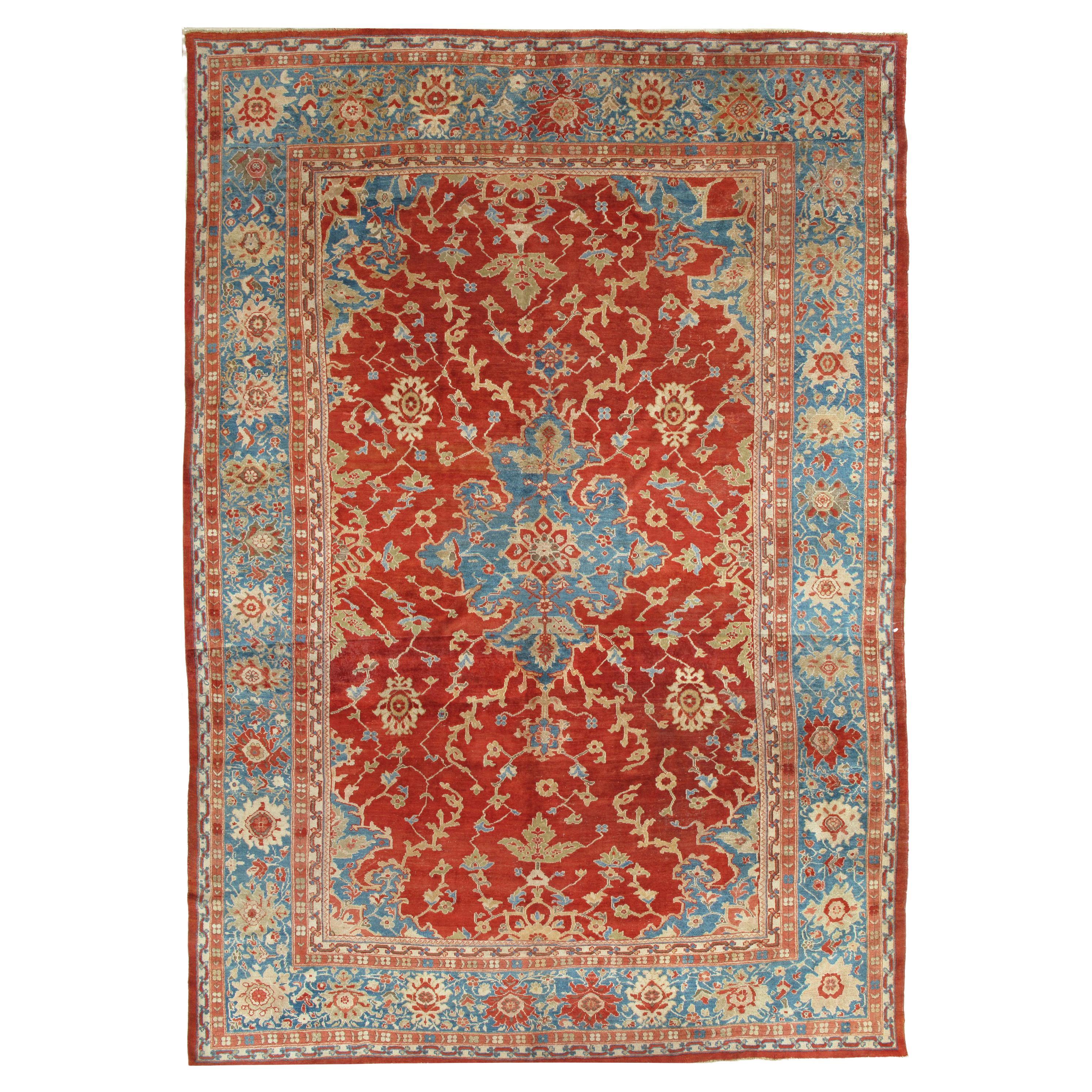 Tapis persan antique Sultanabad, tapis oriental fait à la main, rouge, bleu clair et or