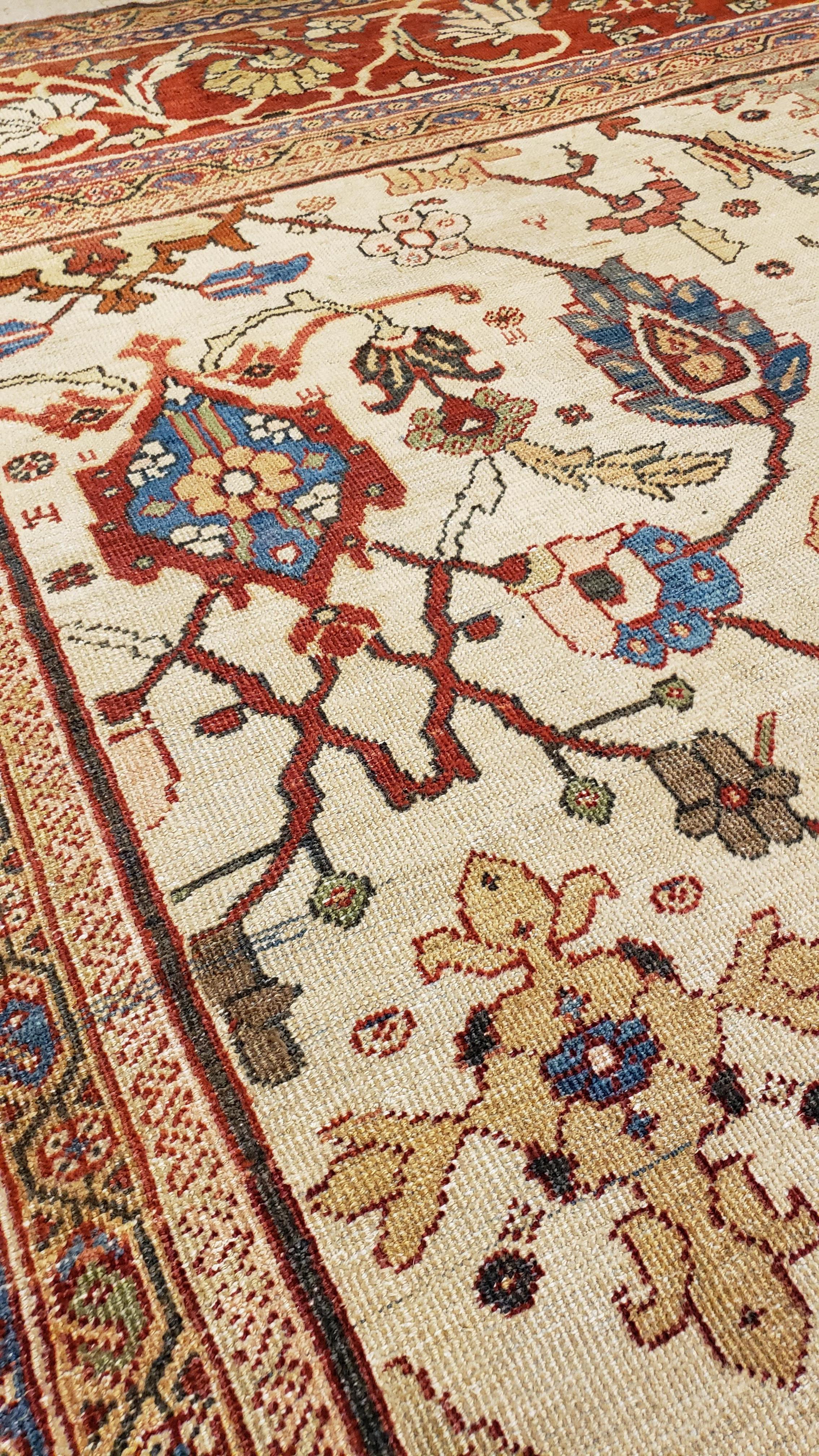 Wool Antique Persian Sultanabad Carpet Ivory, Red, Light Blue, and Green For Sale