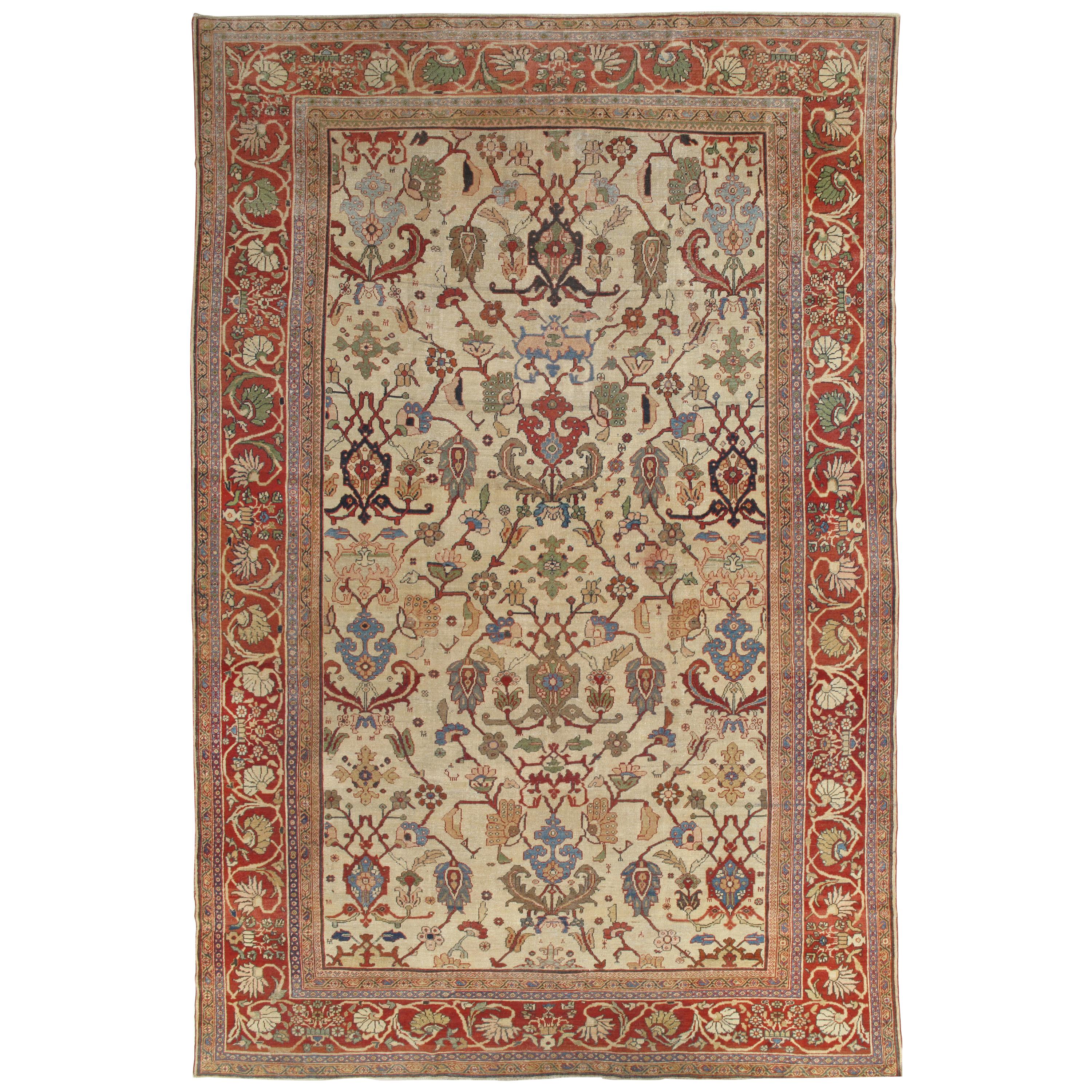 Antique Persian Sultanabad Carpet Ivory, Red, Light Blue, and Green