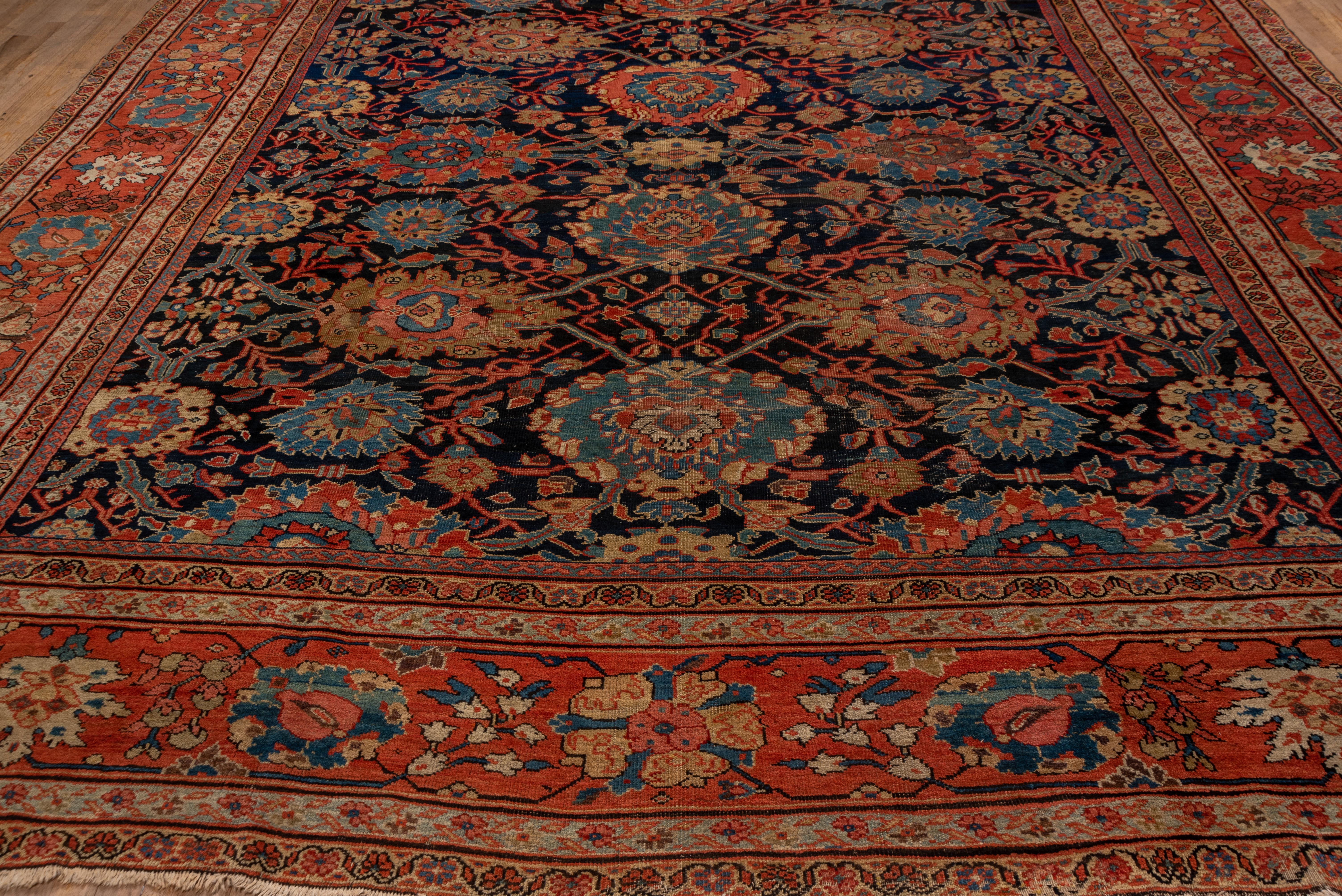 Antique Persian Sultanabad Carpet, Navy Field,  Bright Borders In Good Condition In New York, NY