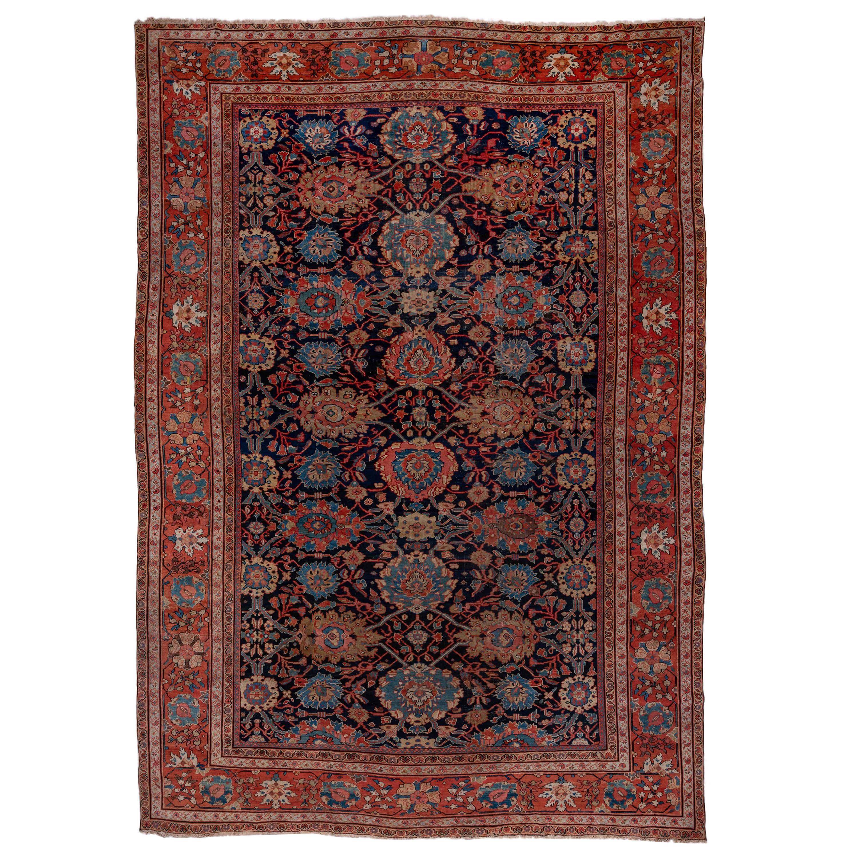 Antique Persian Sultanabad Carpet, Navy Field,  Bright Borders