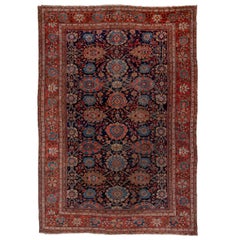 Antique Persian Sultanabad Carpet, Navy Field,  Bright Borders