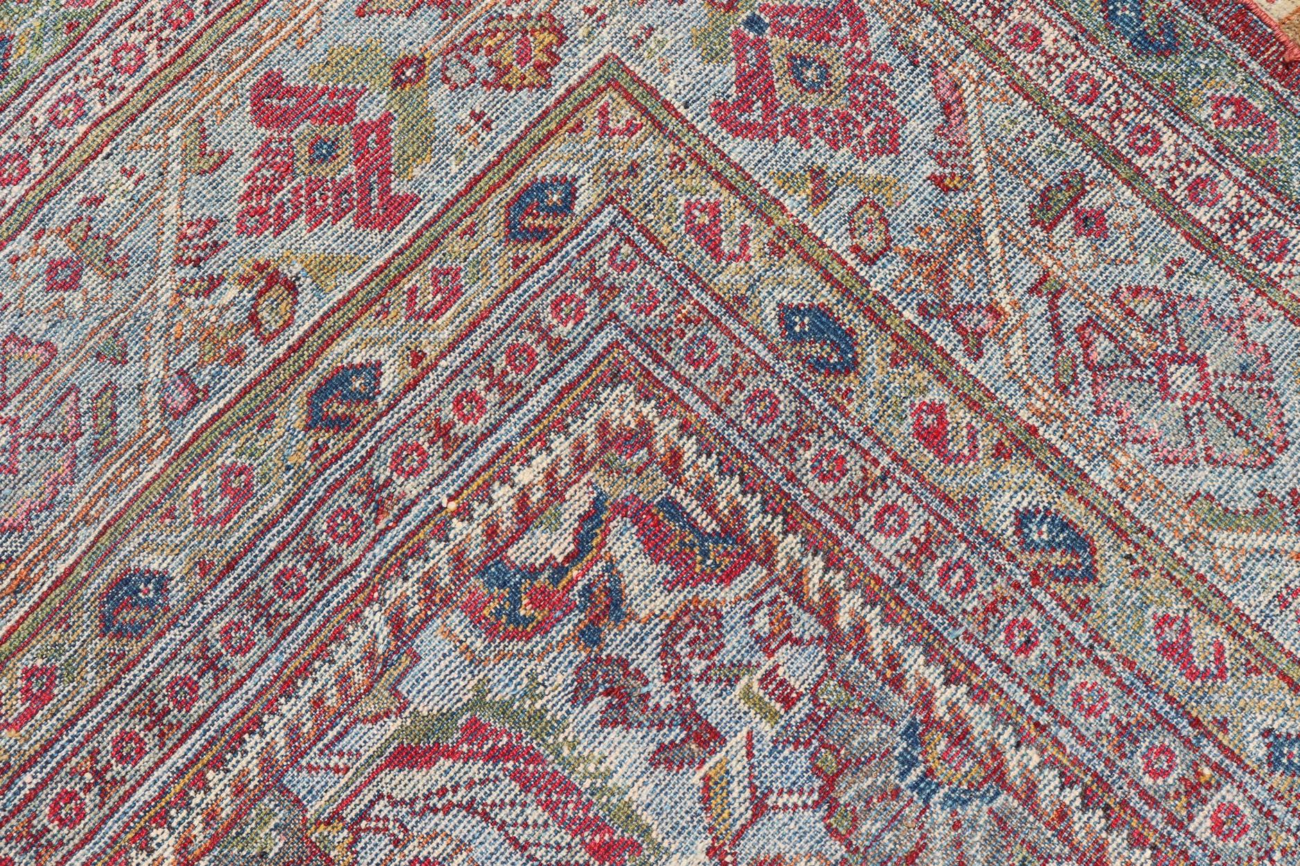 Antique Persian Sultanabad Carpet with Geometric Design In Green, Blue and Red For Sale 6
