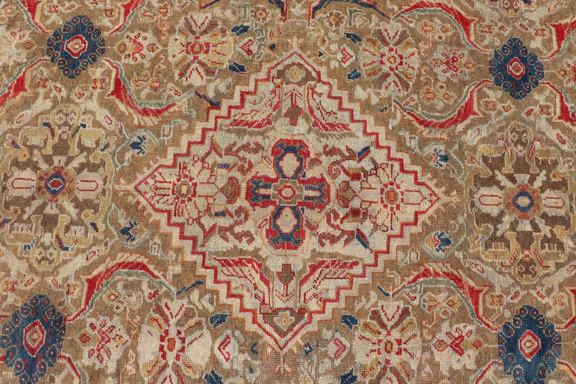 Hand-Knotted Antique Persian Sultanabad Carpet with Geometric Design In Green, Blue and Red For Sale