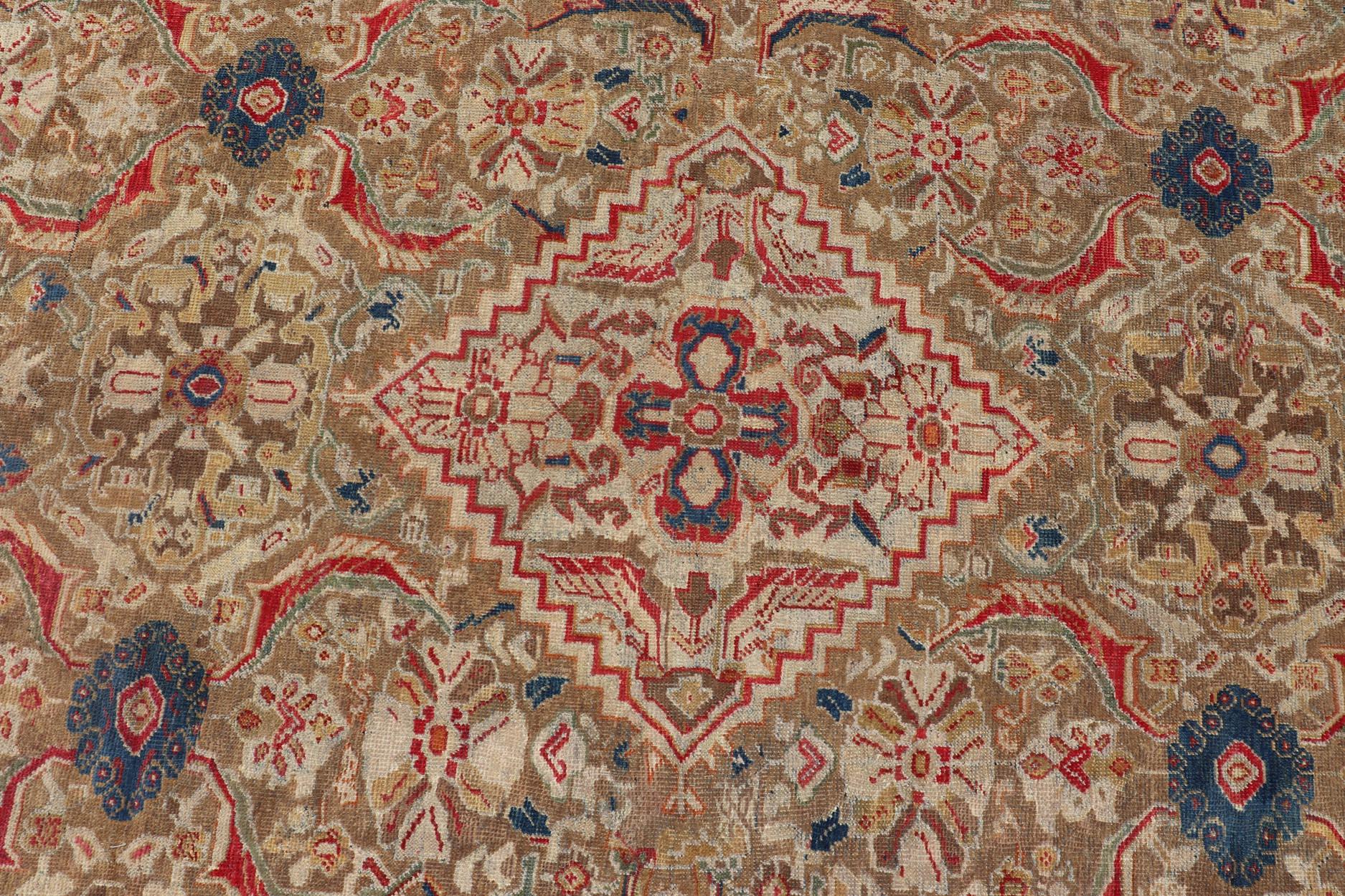 Wool Antique Persian Sultanabad Carpet with Geometric Design In Green, Blue and Red For Sale