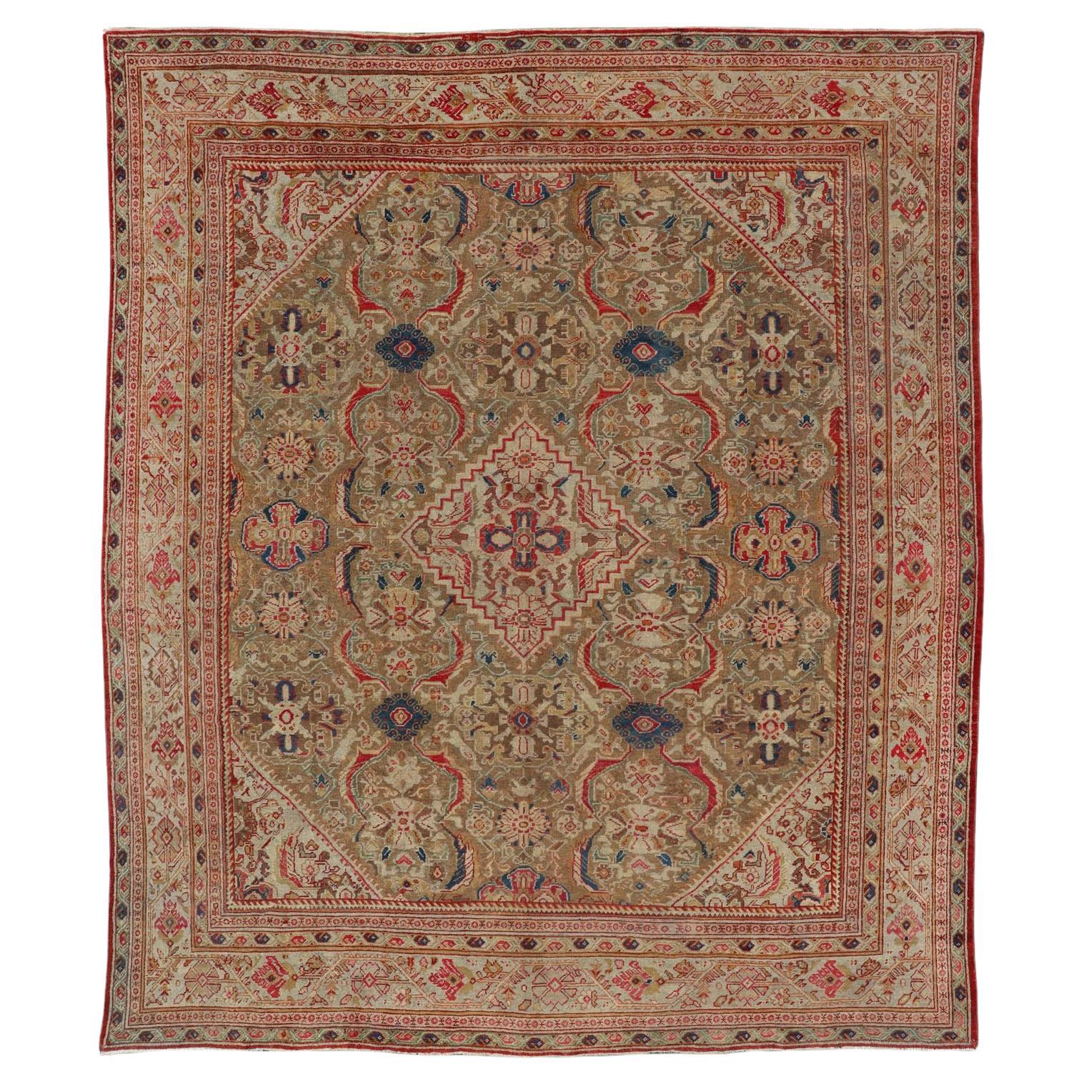Antique Persian Sultanabad Carpet with Geometric Design In Green, Blue and Red