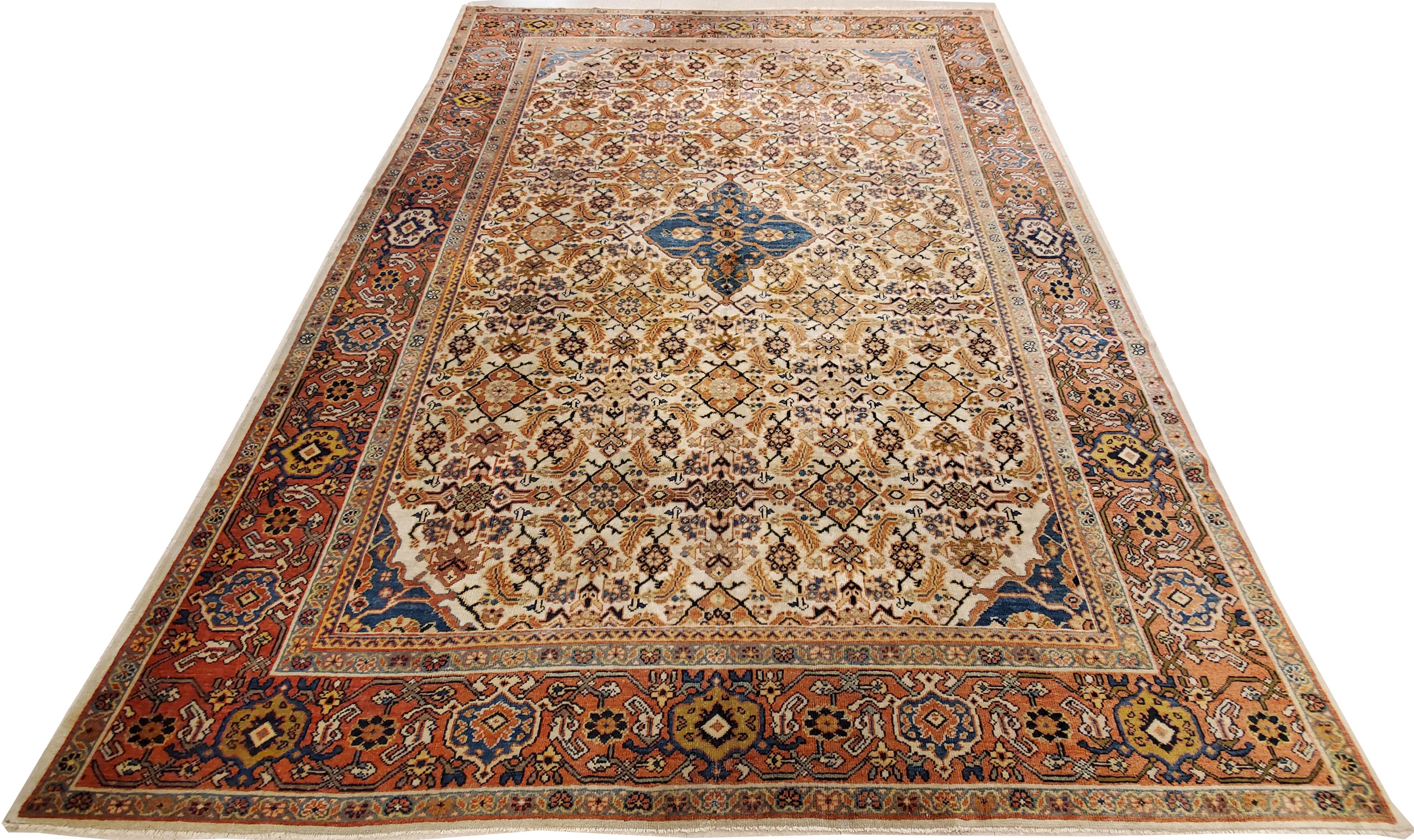 Antique Persian Sultanabad Carpet, Wool Ivory, Blue, Oriental Rug Hand Knotted For Sale 5