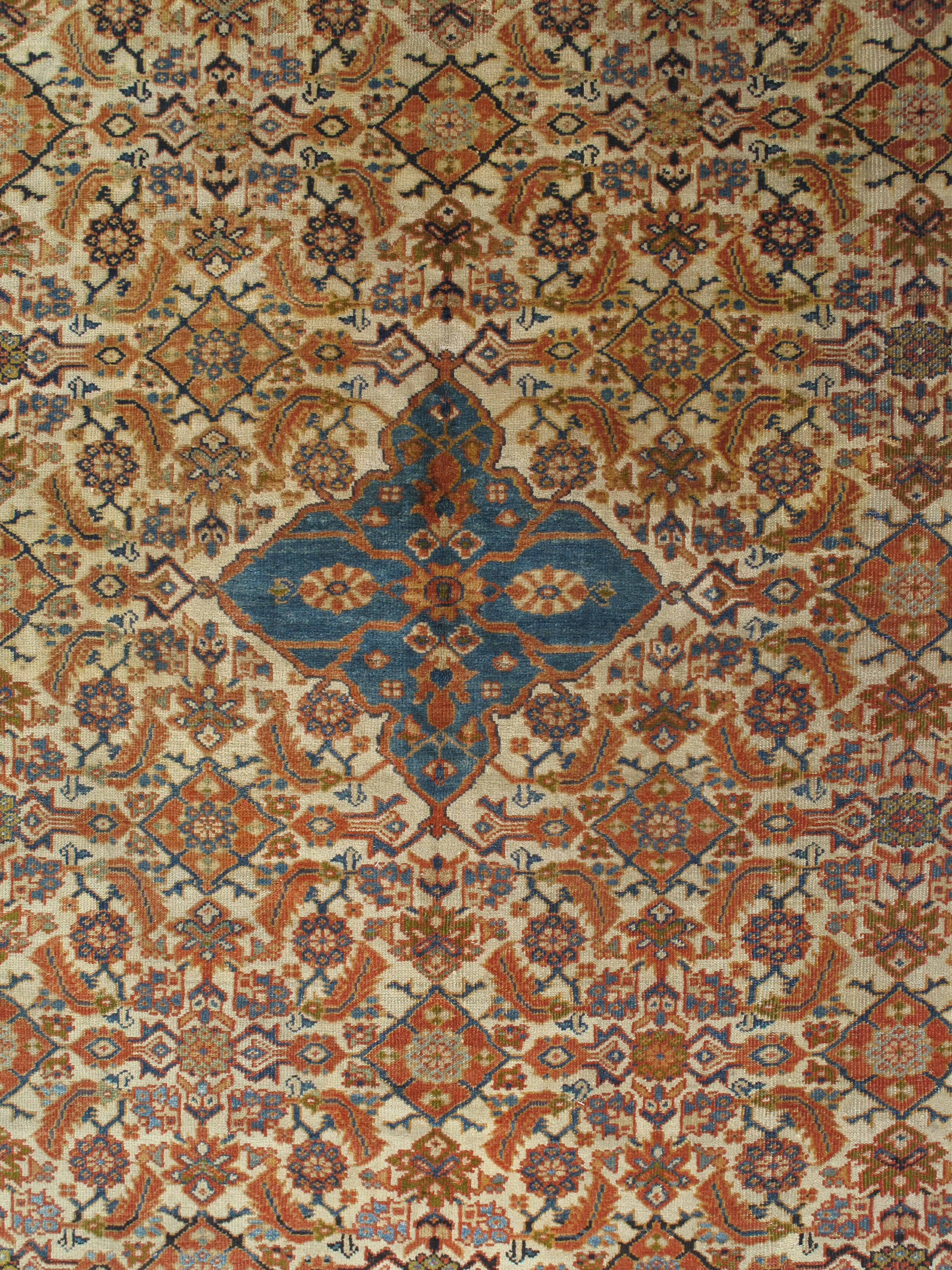 Hand-Knotted Antique Persian Sultanabad Carpet, Wool Ivory, Blue, Oriental Rug Hand Knotted For Sale
