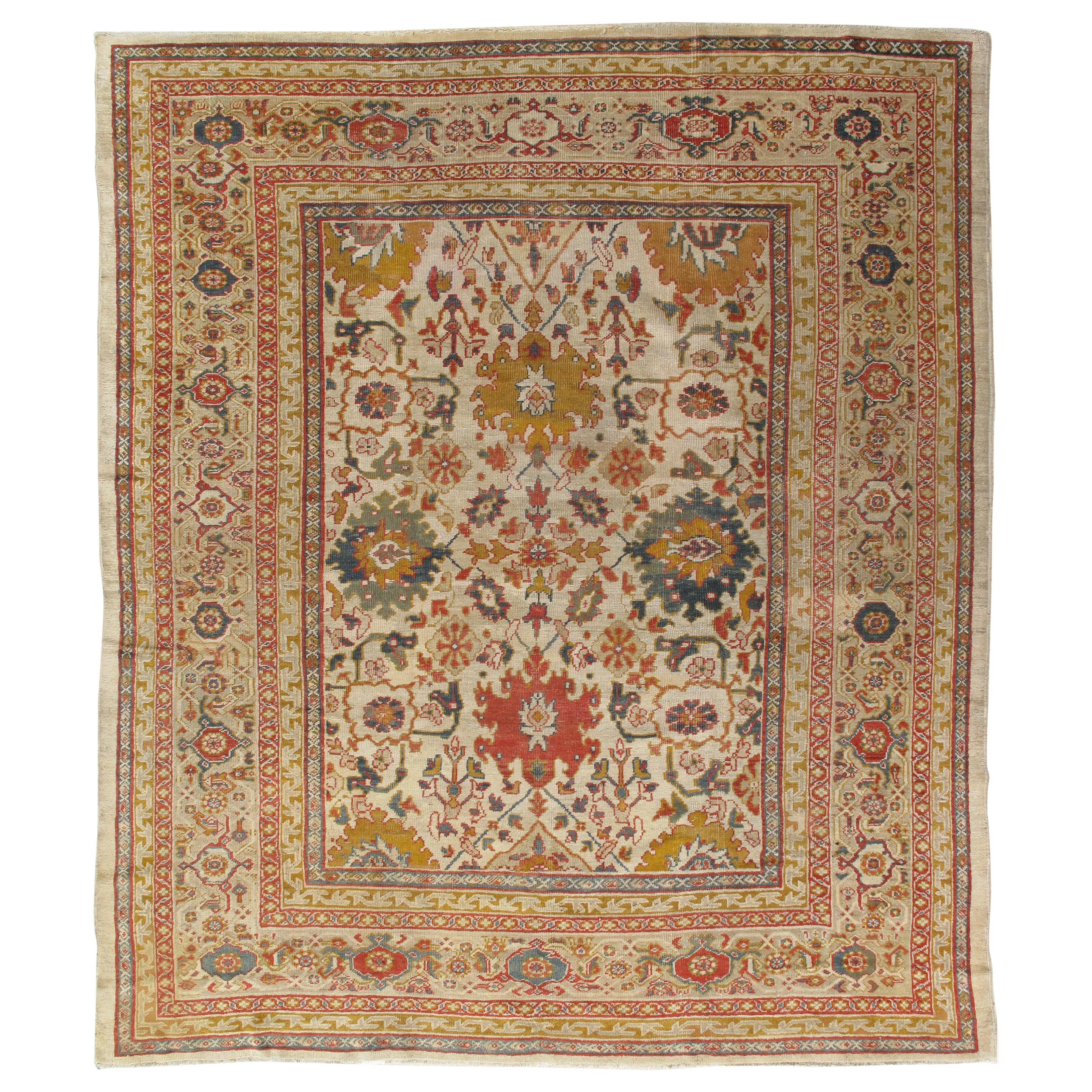 Antique Persian Sultanabad Carpet, Wool Ivory Oriental Rug Hand Knotted For Sale