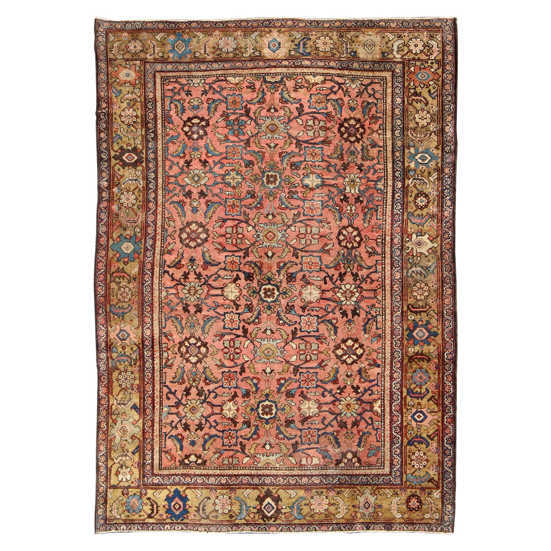 Tapis persan ancien coloré Sultanabad avec motifs sur toute sa surface en saumon et or