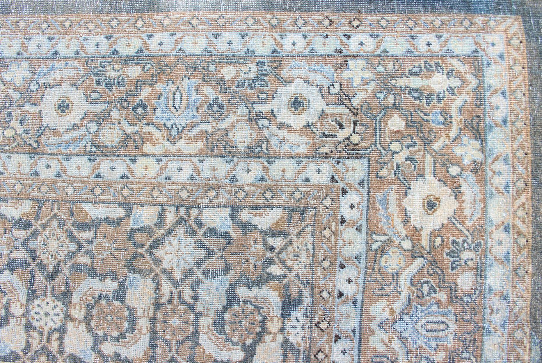 Antique Persian Sultanabad Distressed Rug in Blue, Blue Gray and Light Brown 6