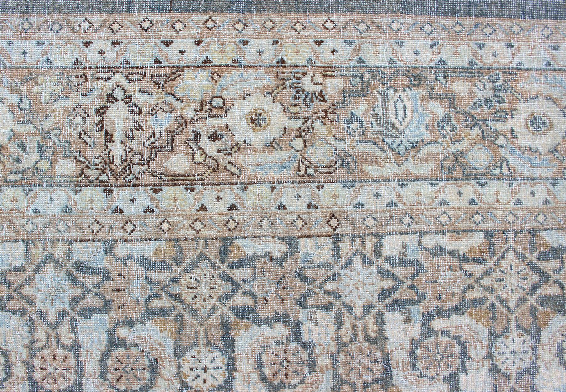Antique Persian Sultanabad Distressed Rug in Blue, Blue Gray and Light Brown 7