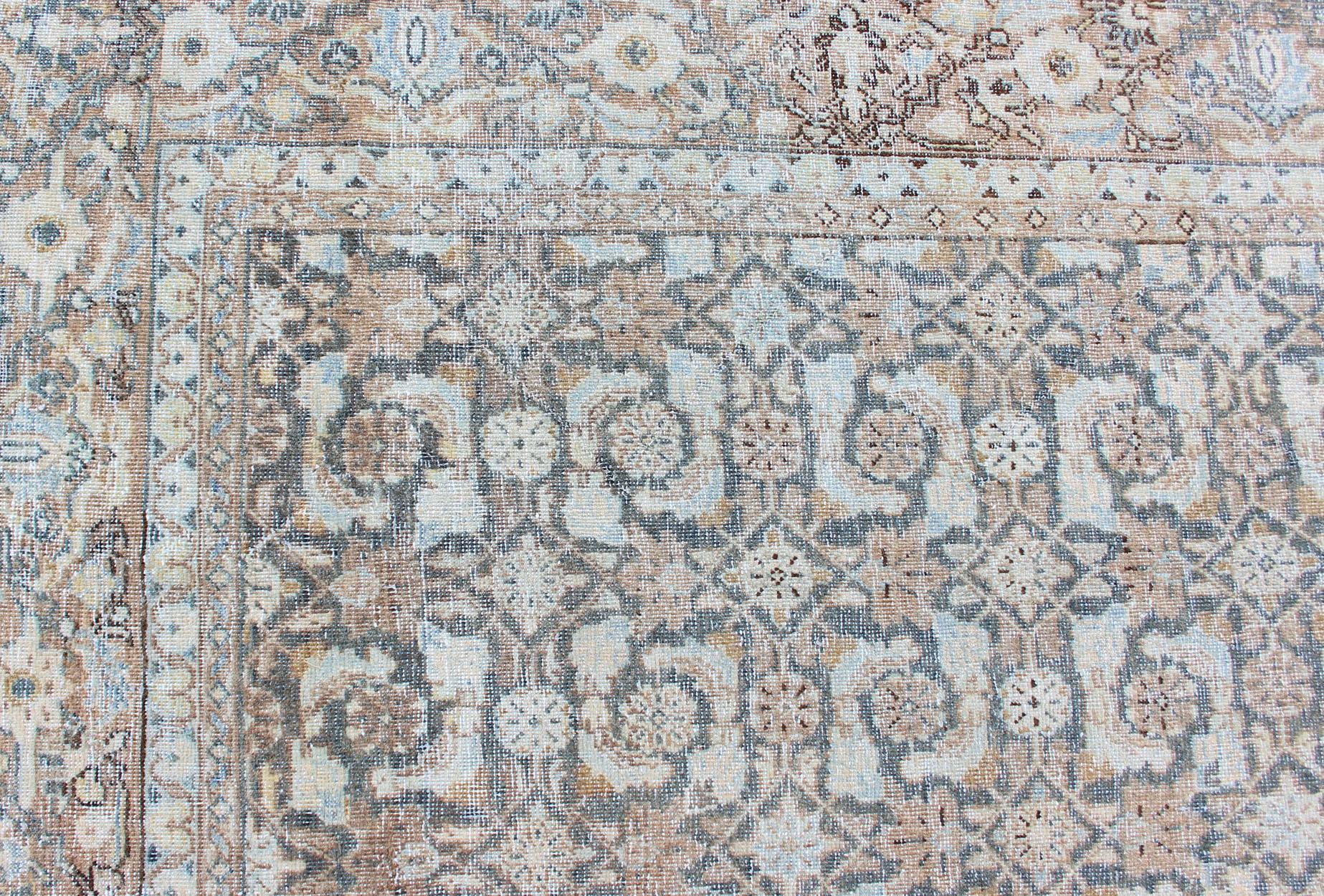 Antique Persian Sultanabad Distressed Rug in Blue, Blue Gray and Light Brown 8
