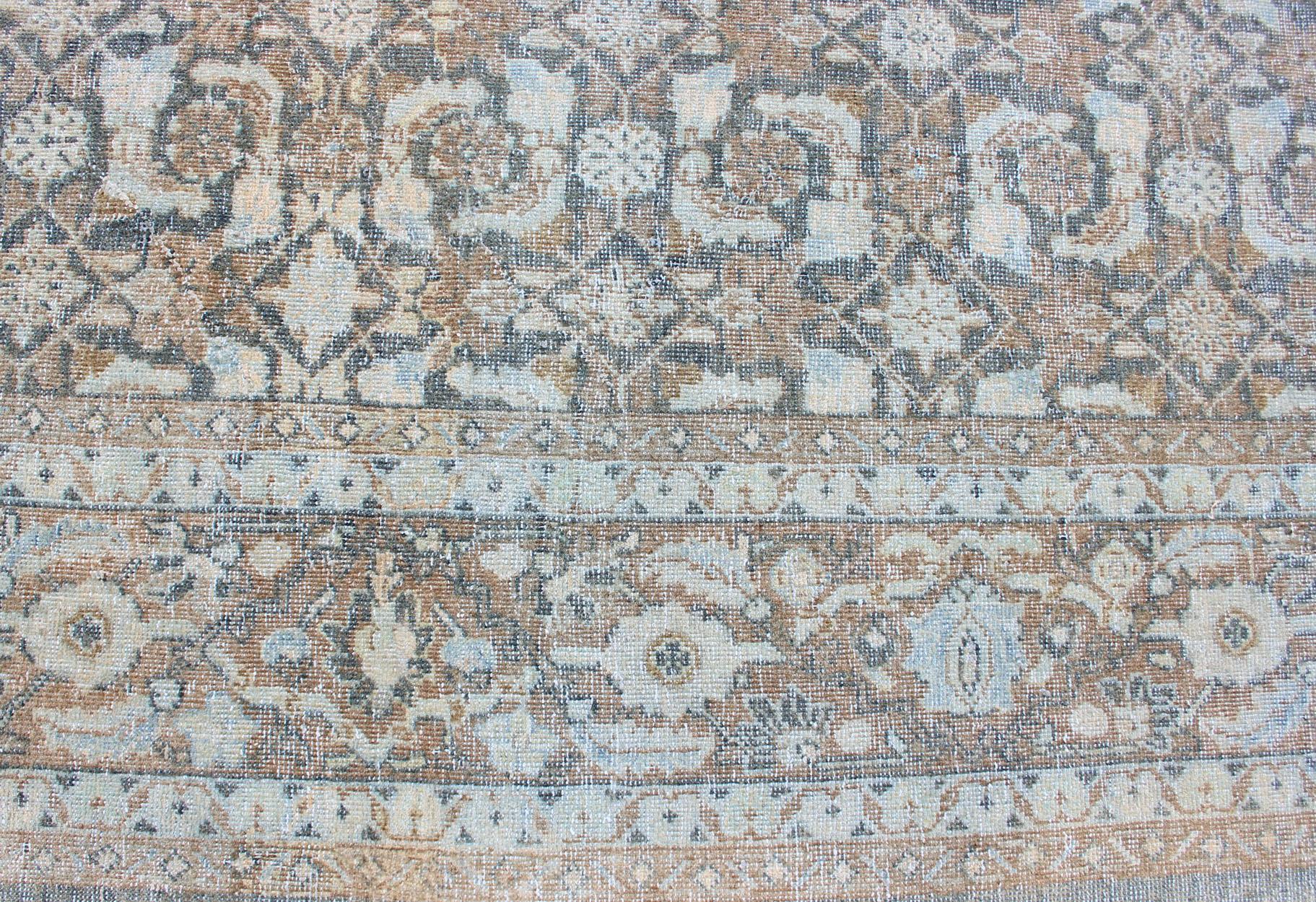 Antique Persian Sultanabad Distressed Rug in Blue, Blue Gray and Light Brown 10