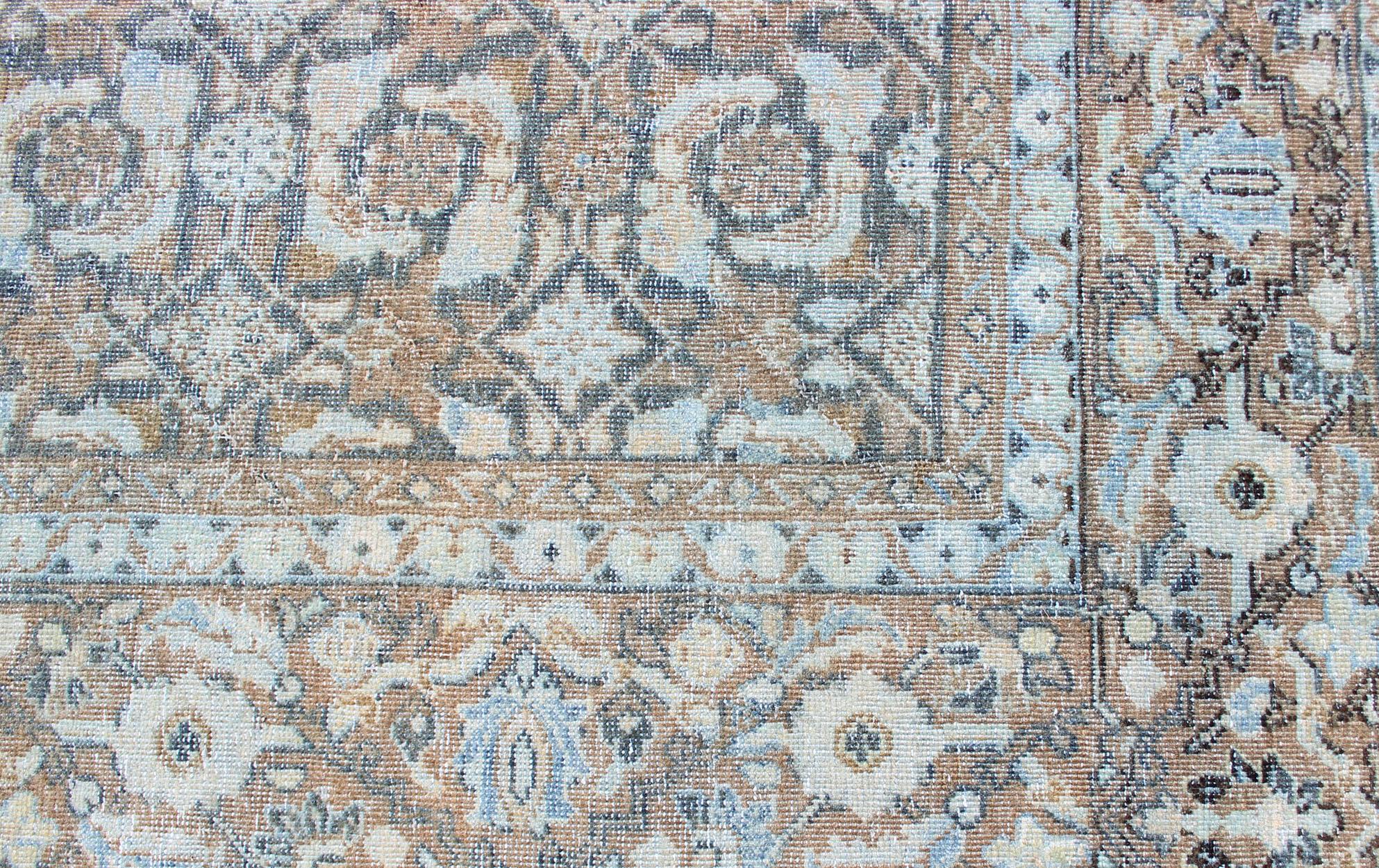 Antique Persian Sultanabad Distressed Rug in Blue, Blue Gray and Light Brown 12
