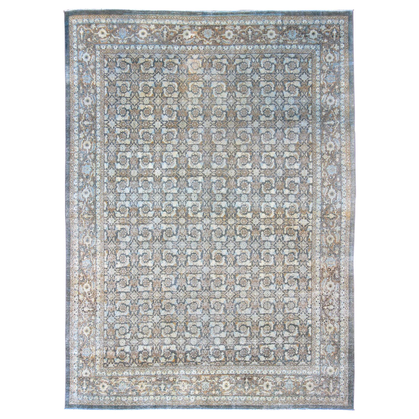 Antique Persian Sultanabad Distressed Rug in Blue, Blue Gray and Light Brown
