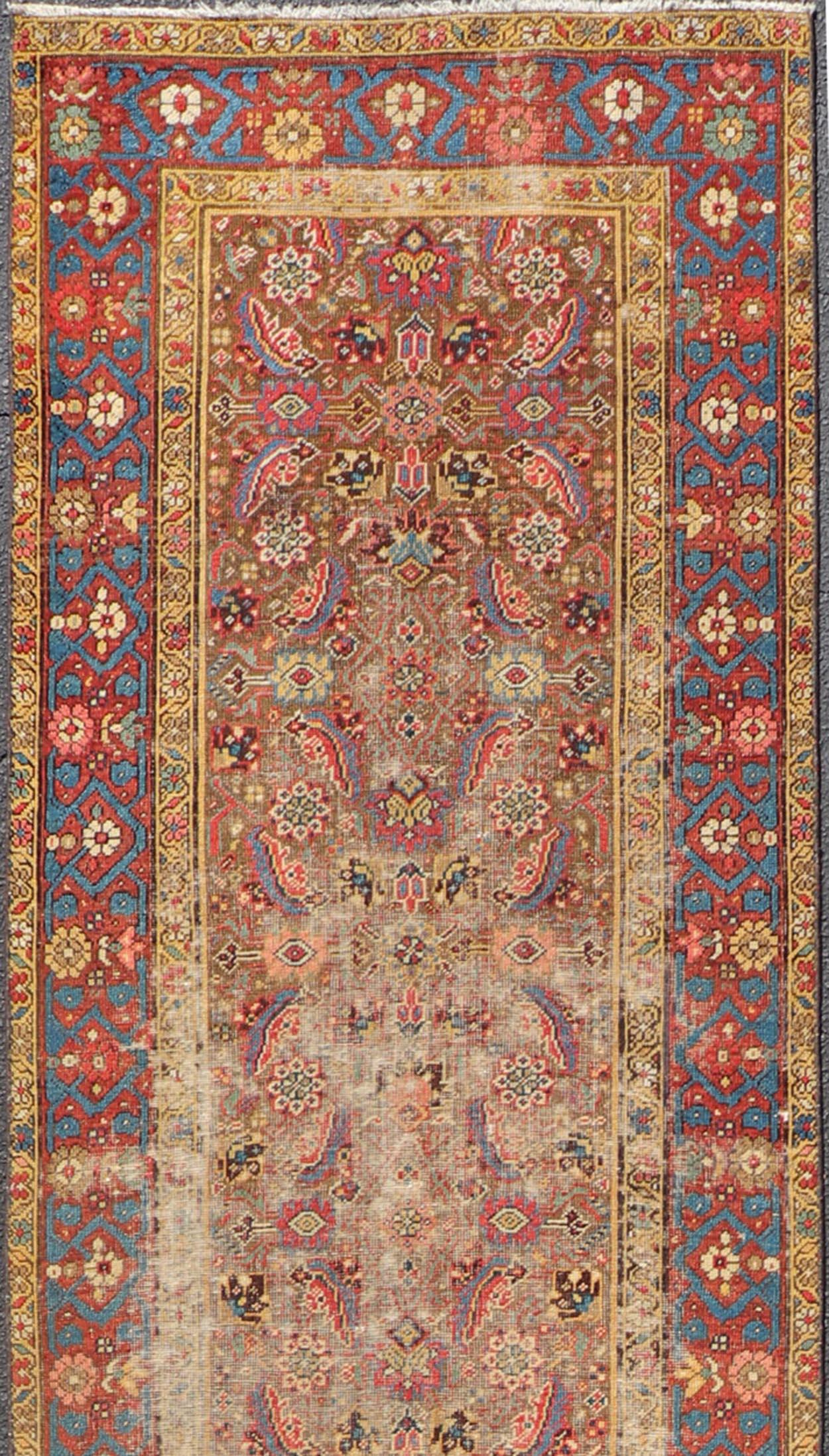 Hand-Knotted Antique Persian Sultanabad Distressed Runner with Floral Design in Jewel Tones