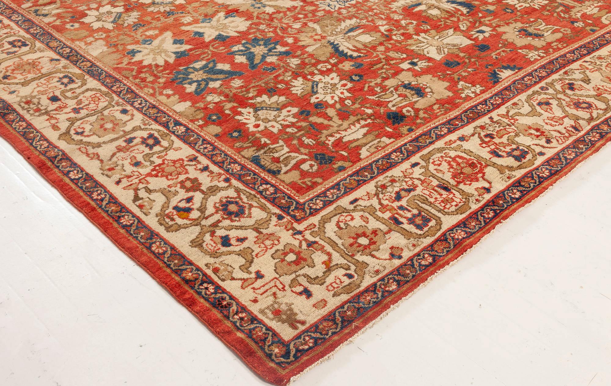 Antique Persian Sultanabad Floral Red Background Handmade Wool Rug For Sale 1