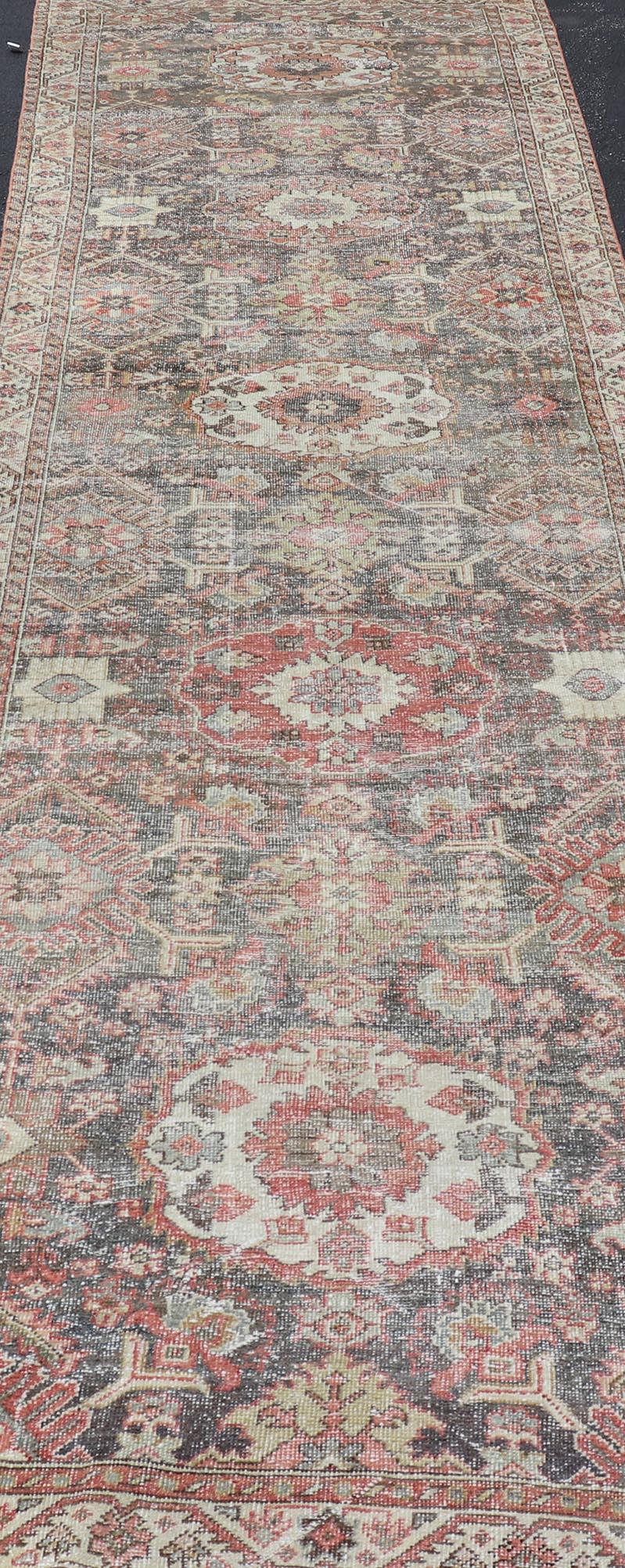 Antique Persian Sultanabad Gallery with Floral Design in Lt. Blue, Gray & Red. Keivan Woven Arts / rug EMB-22120-15007, country of origin / type: Persian / Sultanabad, circa Early-20th Century.
Measures: 4'2 x 15'4 
This stunning antique Sultanabad