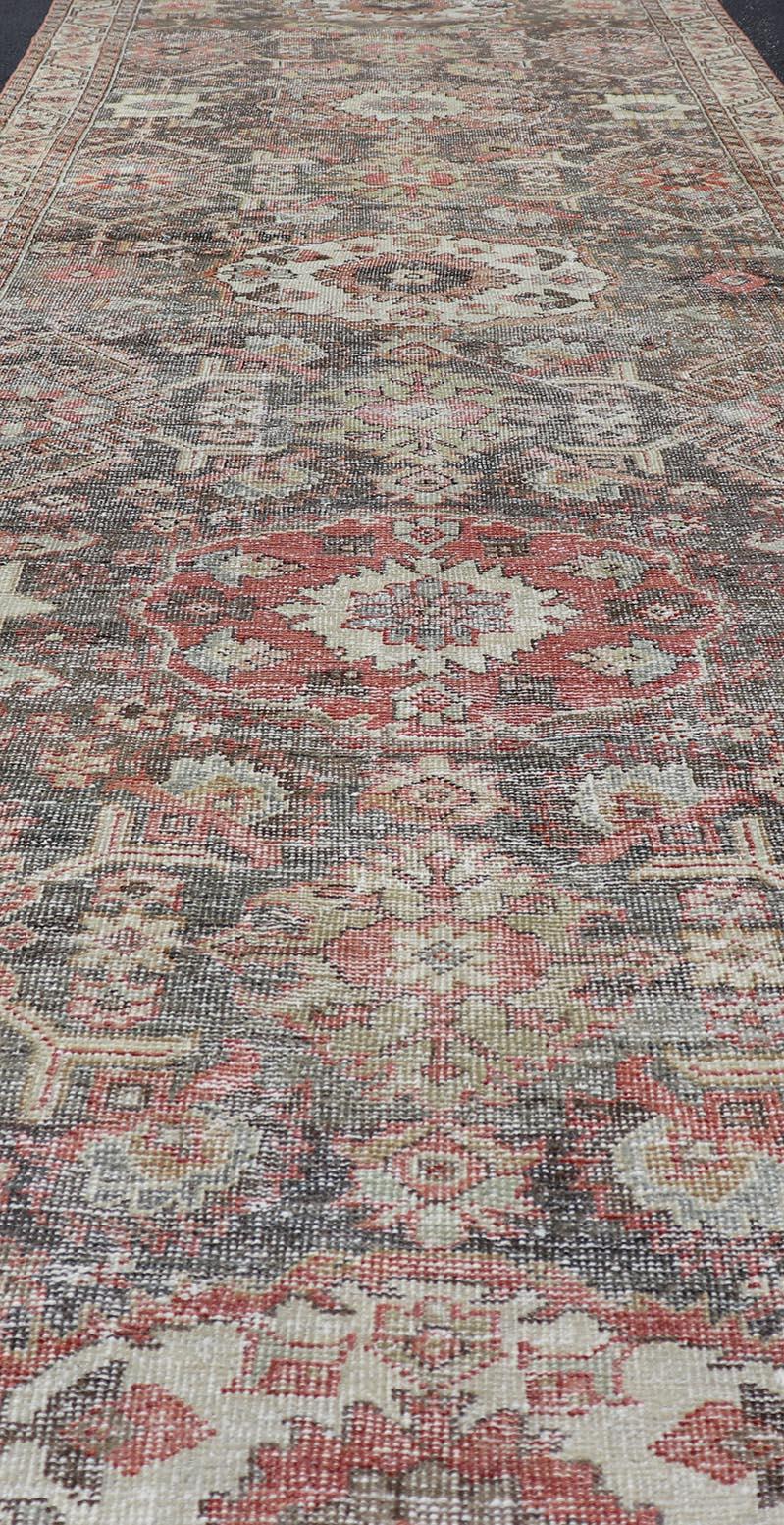 Hand-Knotted Antique Persian Sultanabad Gallery with Floral Design in Lt. Blue, Gray & Red For Sale