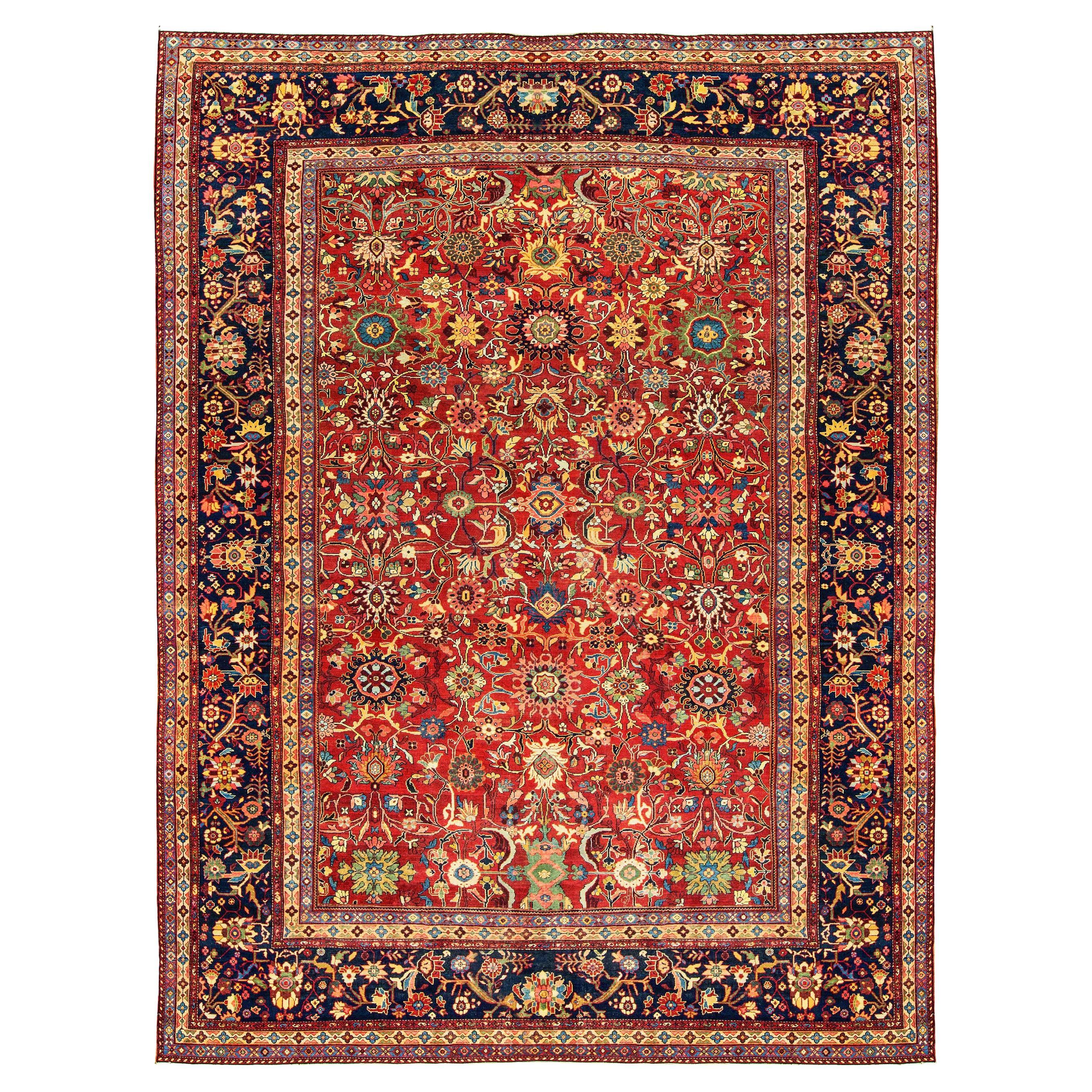 Antique Persian Sultanabad Handwoven Luxury Red/Navy Rug, 14'-4" X 18 Size For Sale