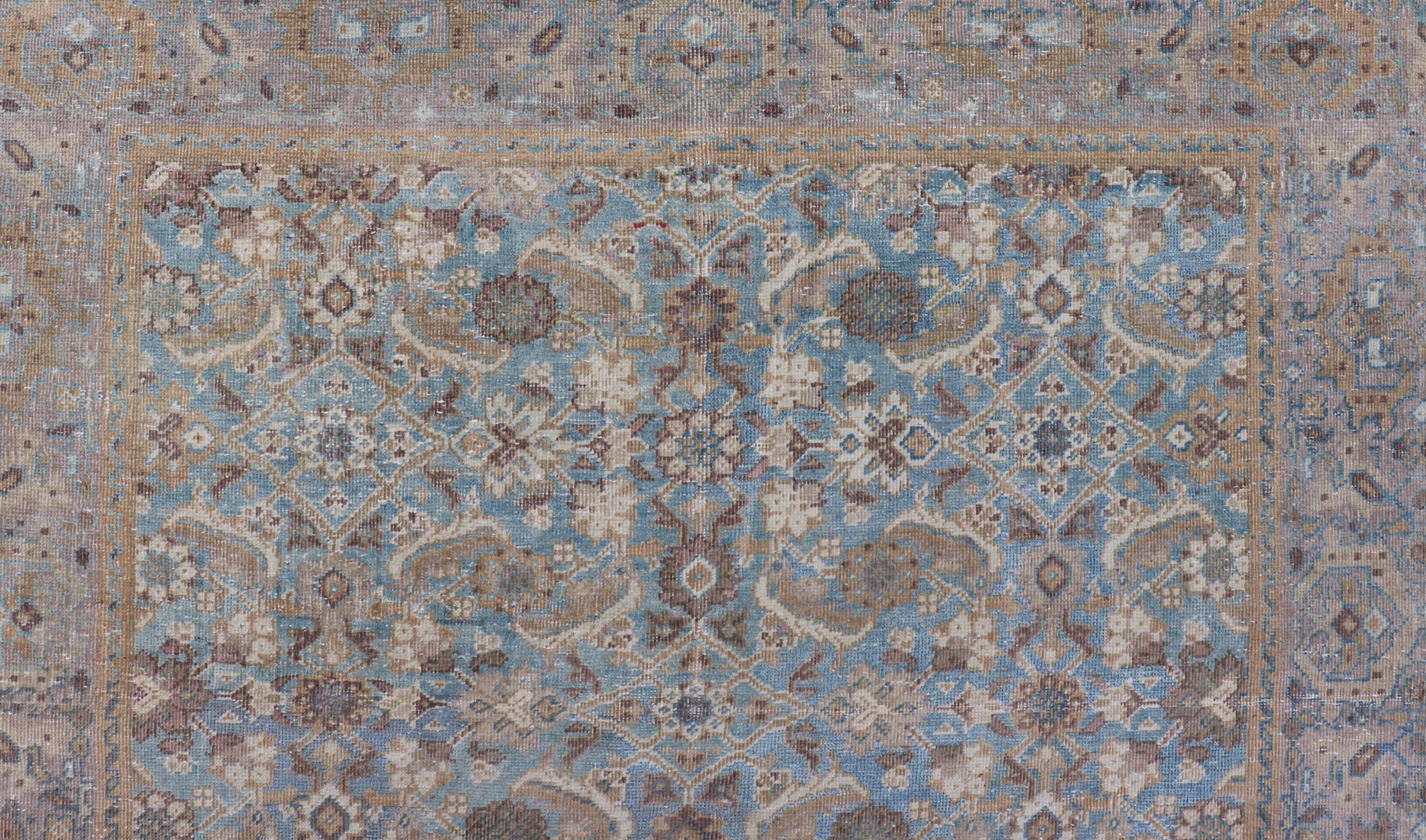20th Century Antique Persian Sultanabad In Floral All-Over Design in Light Blue With Tan For Sale
