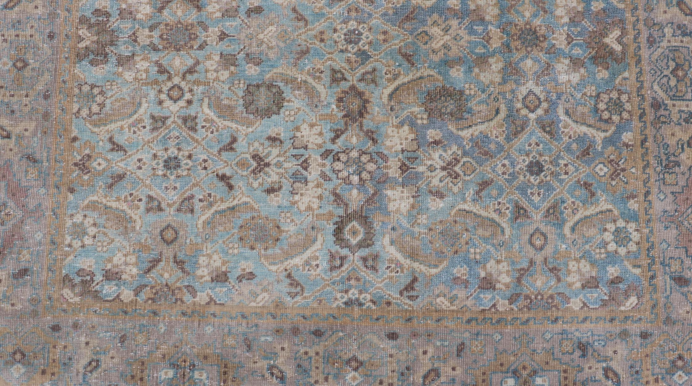 Wool Antique Persian Sultanabad In Floral All-Over Design in Light Blue With Tan For Sale