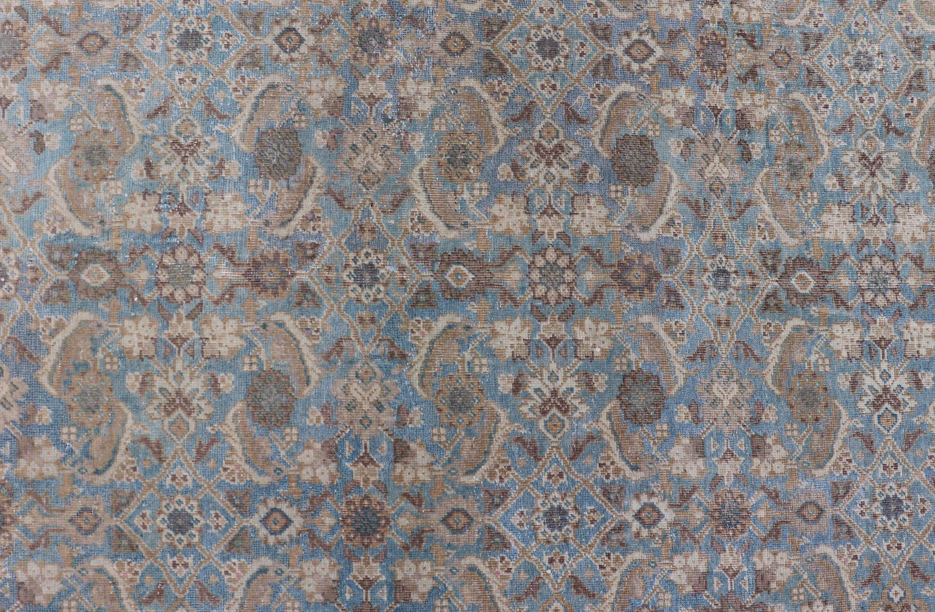 Antique Persian Sultanabad In Floral All-Over Design in Light Blue With Tan For Sale 1