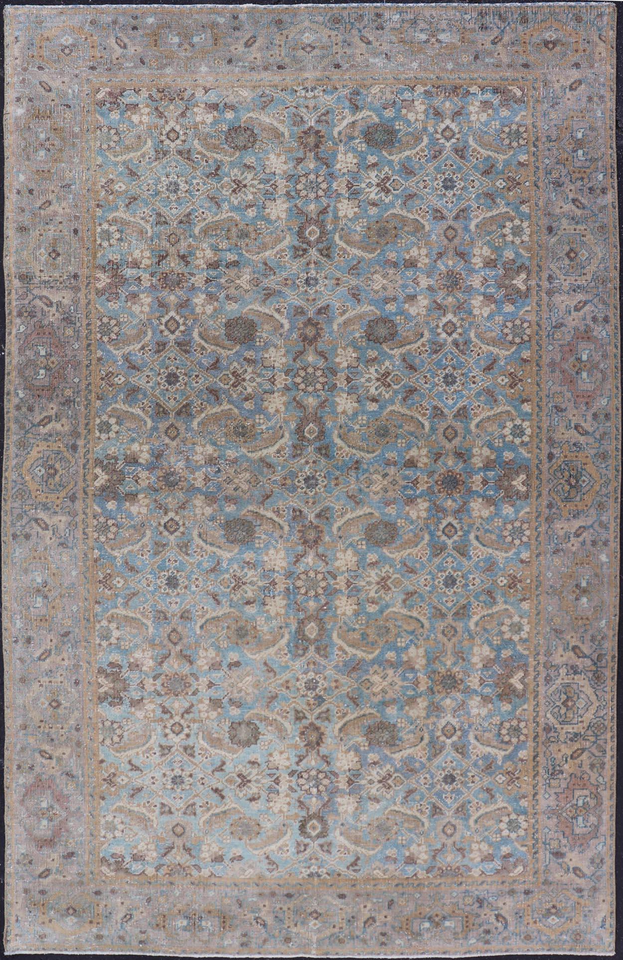 Antique Persian Sultanabad In Floral All-Over Design in Light Blue With Tan For Sale