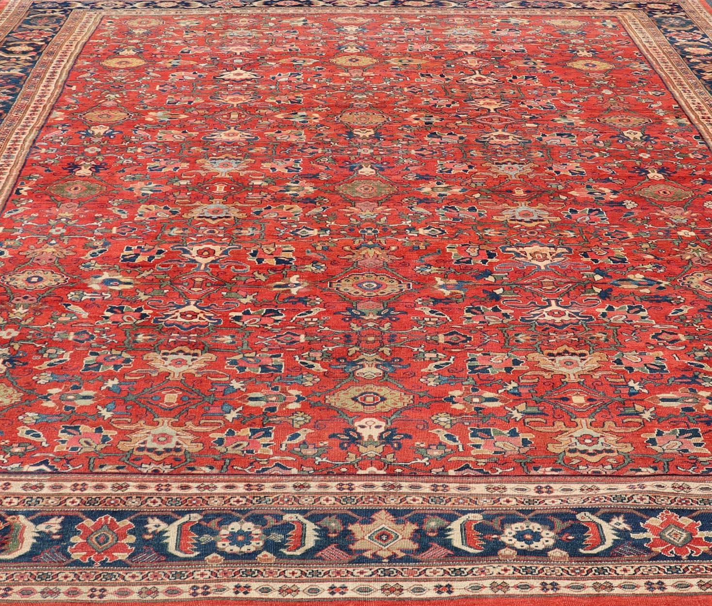 Hand-Knotted Antique Persian Sultanabad in Rust Red Background & Multi Colors 14'2 x 18'6 For Sale