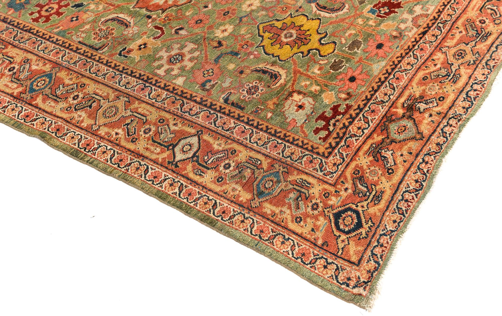 Antique Persian Sultanabad Rug  in Soft Green with Herati Motif Design In Good Condition In Evanston, IL