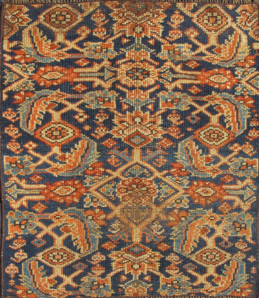 Antique Persian Sultanabad/Mahal Fragment Rug in Blue Background in Multi-Colors In Fair Condition For Sale In Atlanta, GA