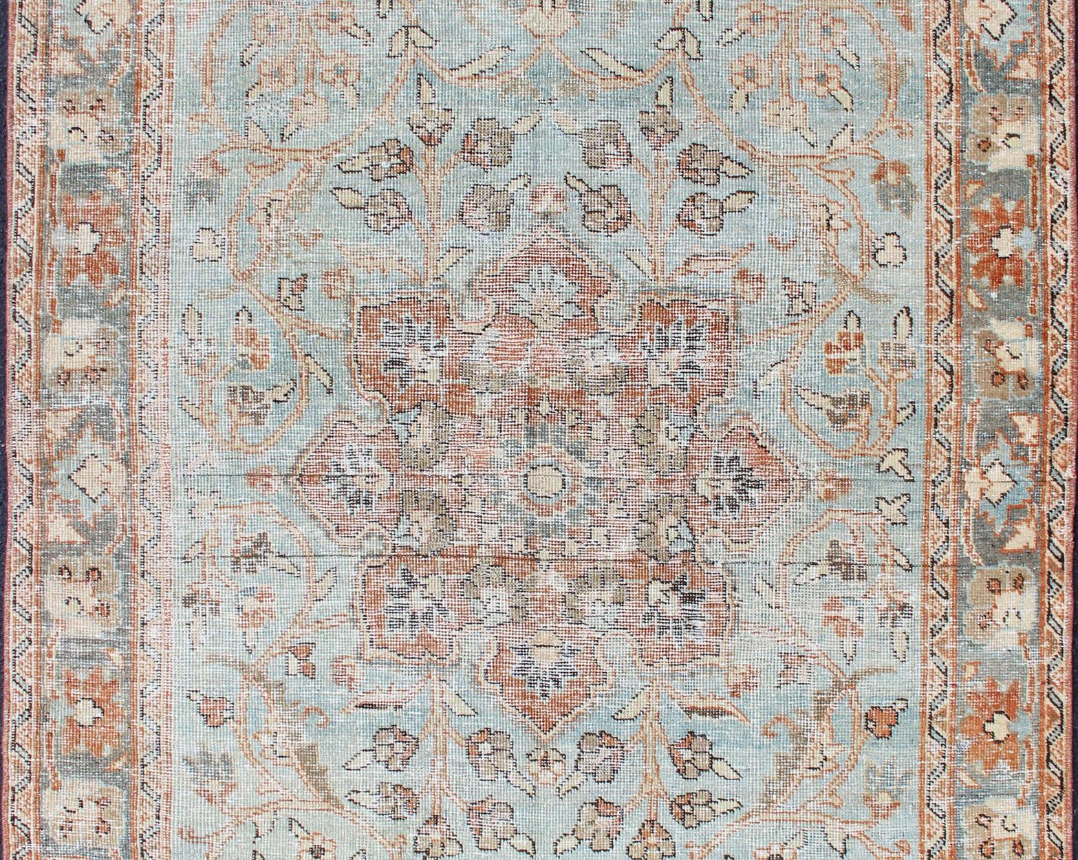 Light blue antique Persian Mahal rug with ornate medallion floral design, rug SUS-2009-235, country of origin / type: Iran / Sultanabad, circa 1920.

This beautiful antique Persian Sultanabad Mahal rug displays a gorgeous, medallion sub-geometric