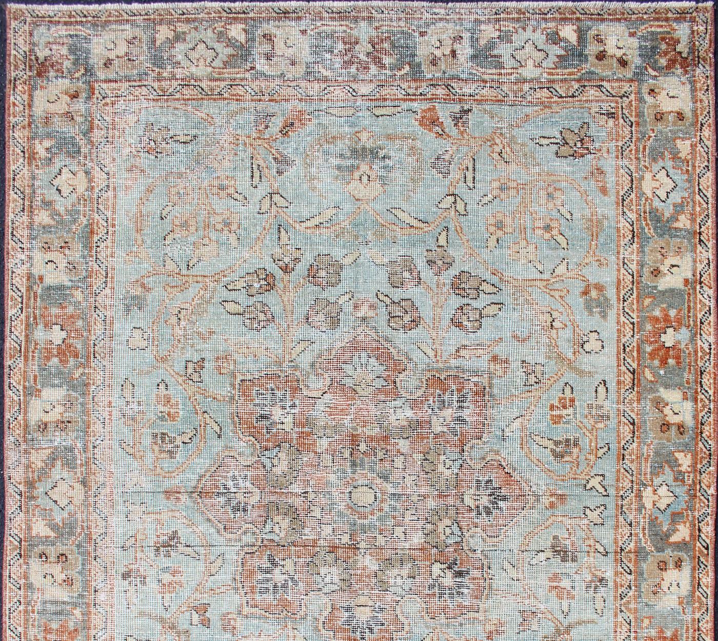 Hand-Knotted Antique Persian Sultanabad Mahal in Light Blue, Light Green, Gray & Charcoal