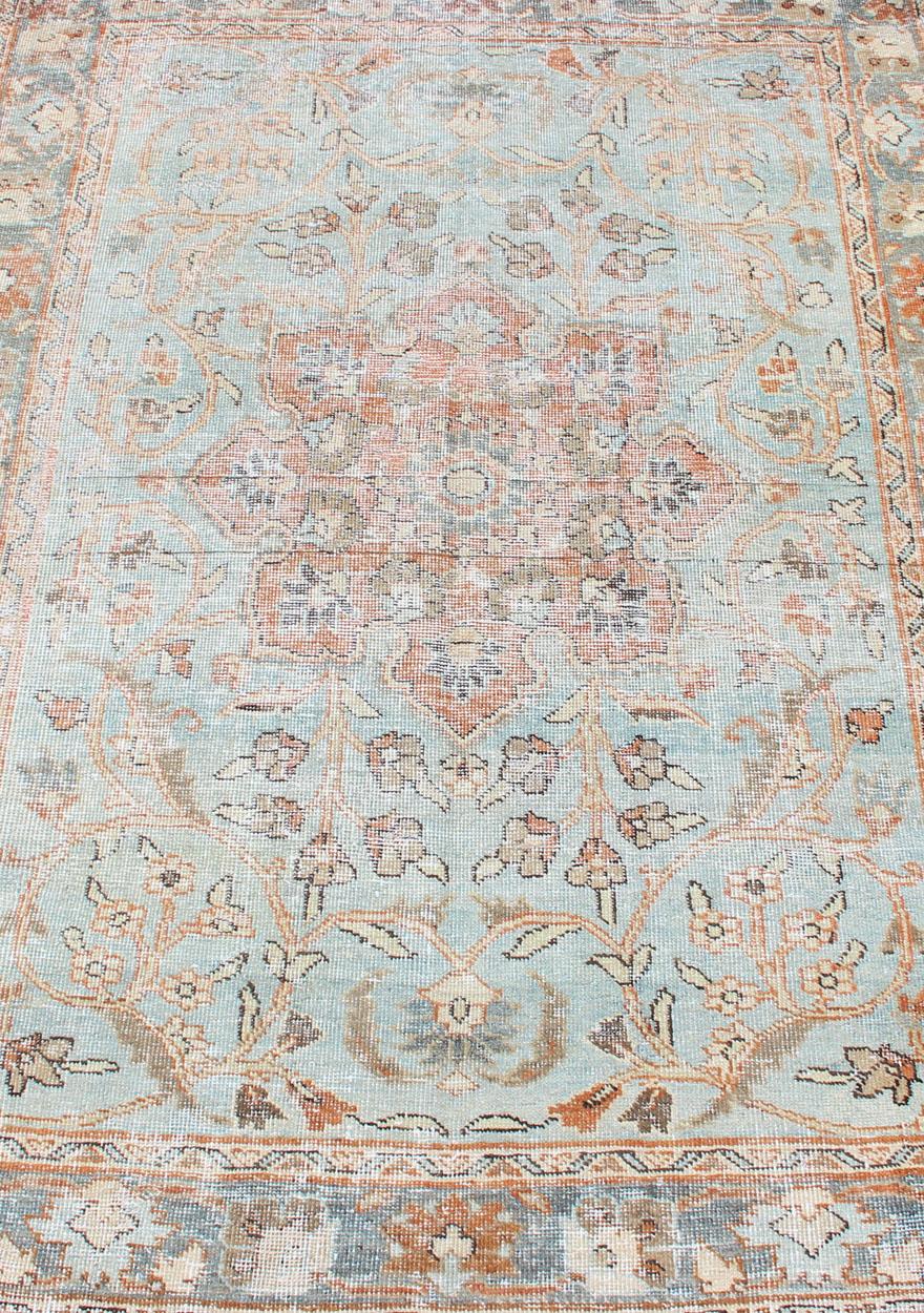 20th Century Antique Persian Sultanabad Mahal in Light Blue, Light Green, Gray & Charcoal
