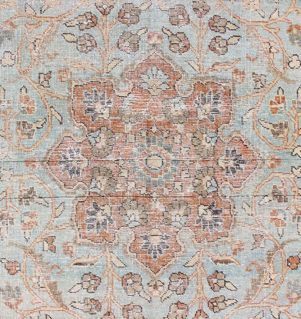 Wool Antique Persian Sultanabad Mahal in Light Blue, Light Green, Gray & Charcoal