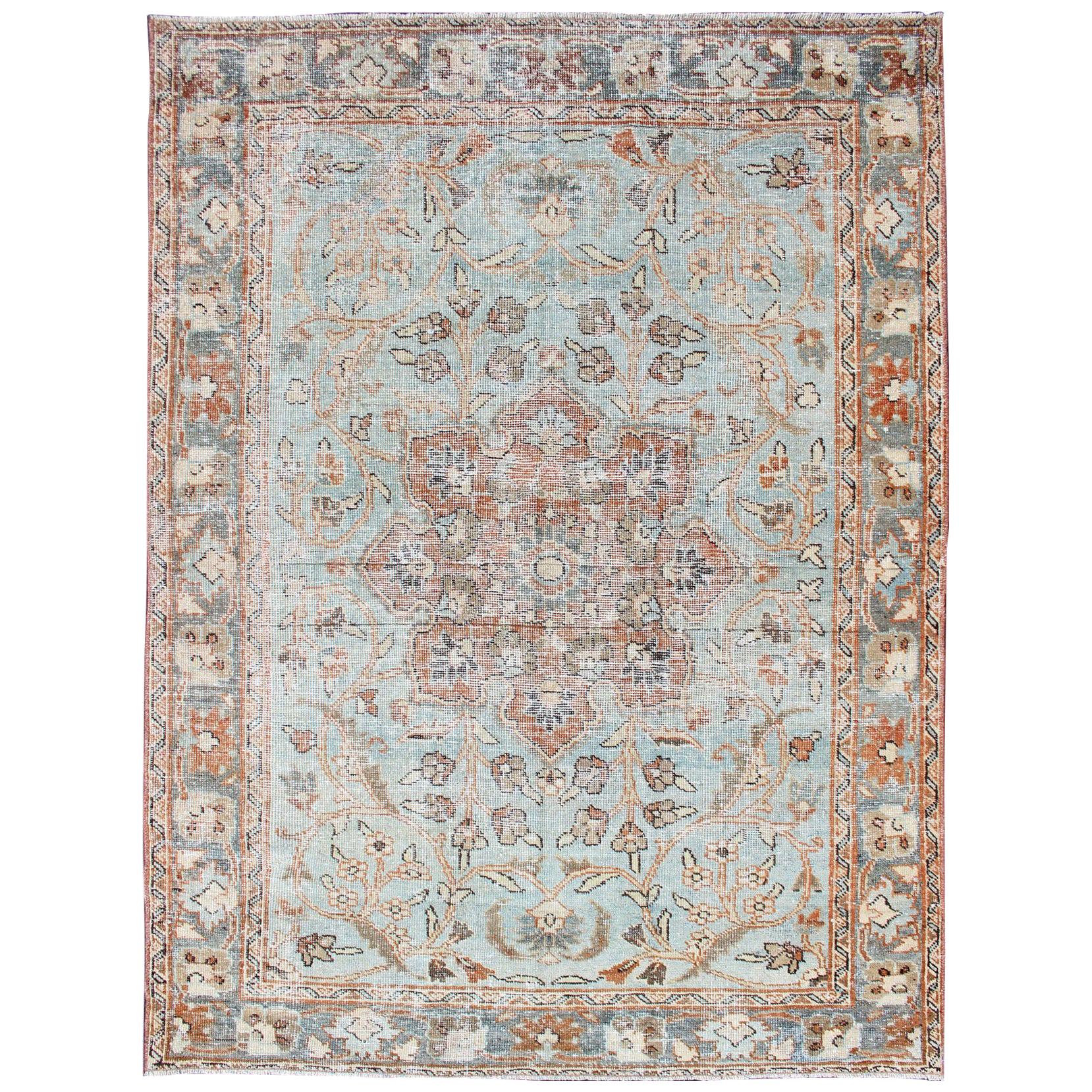 Antique Persian Sultanabad Mahal in Light Blue, Light Green, Gray & Charcoal