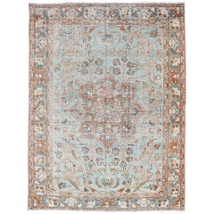 Antique Persian Sultanabad Mahal in Light Blue, Light Green, Gray & Charcoal