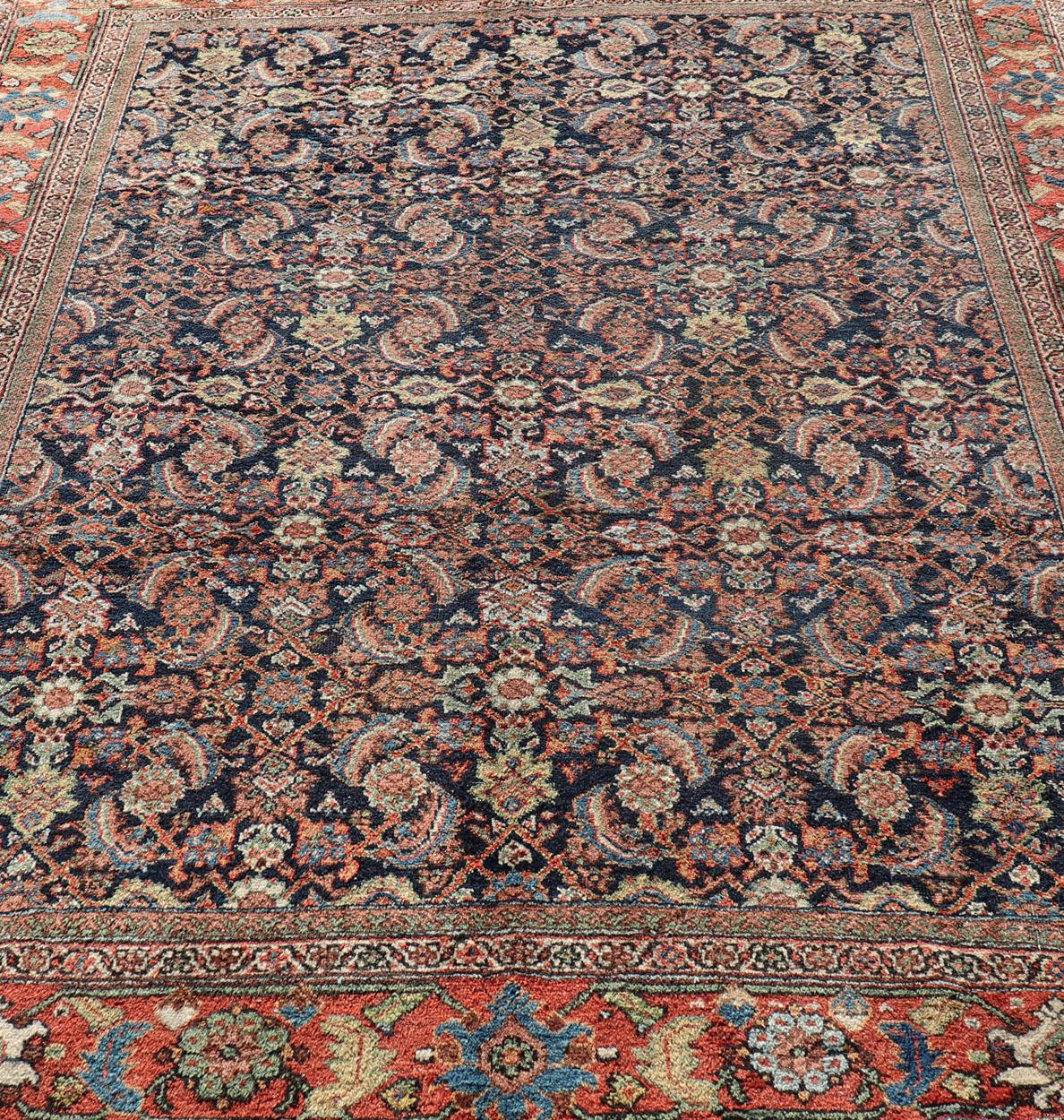 Antique Persian Sultanabad/Mahal Rug in Blue Background & Rust/Red Border 6
