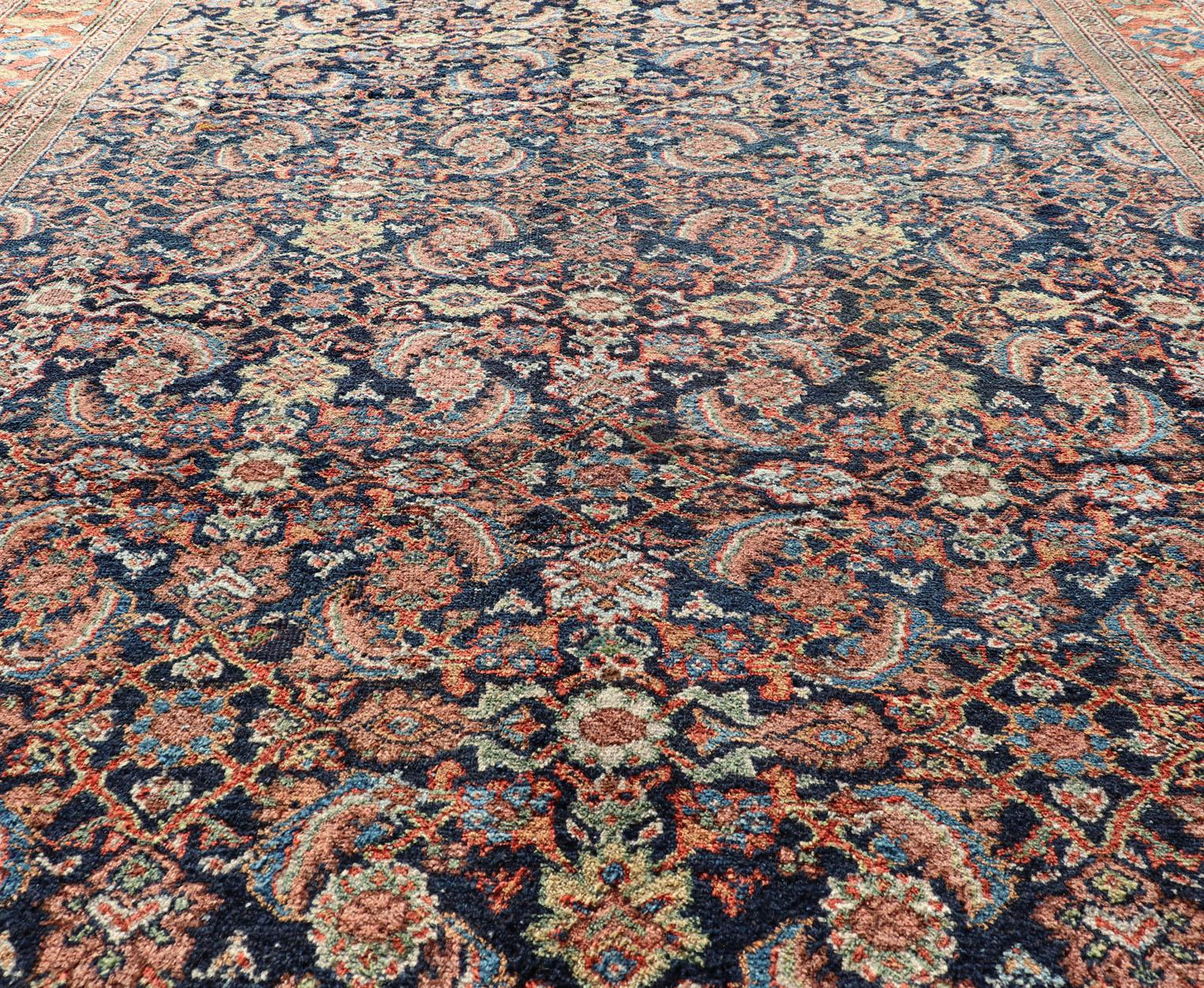 Antique Persian Sultanabad/Mahal Rug in Blue Background & Rust/Red Border 7