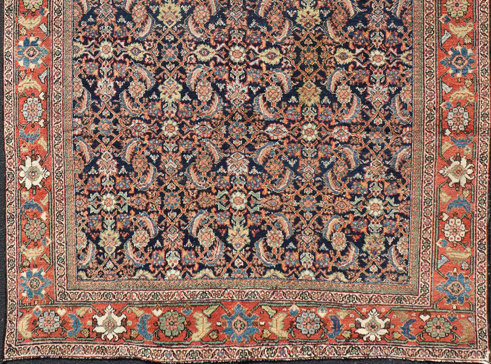 Hand-Knotted Antique Persian Sultanabad/Mahal Rug in Blue Background & Rust/Red Border
