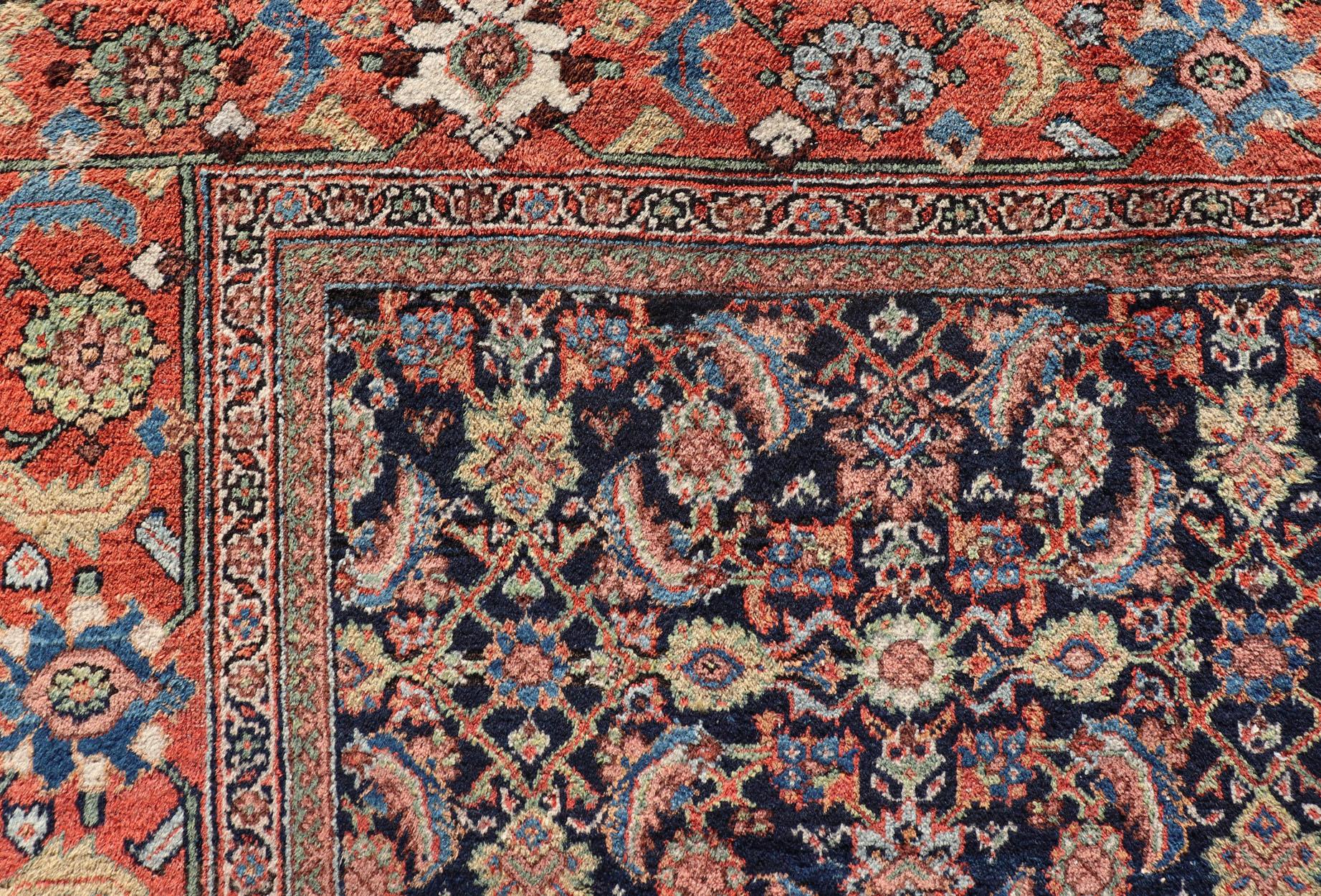 Antique Persian Sultanabad/Mahal Rug in Blue Background & Rust/Red Border In Good Condition In Atlanta, GA