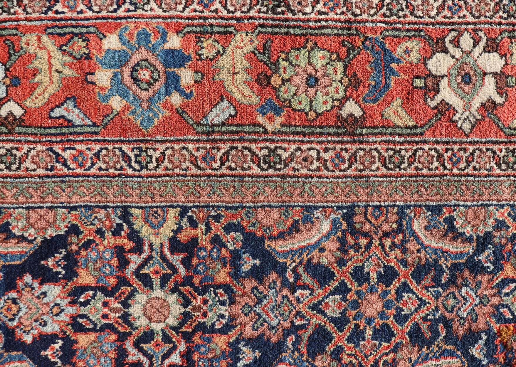 20th Century Antique Persian Sultanabad/Mahal Rug in Blue Background & Rust/Red Border