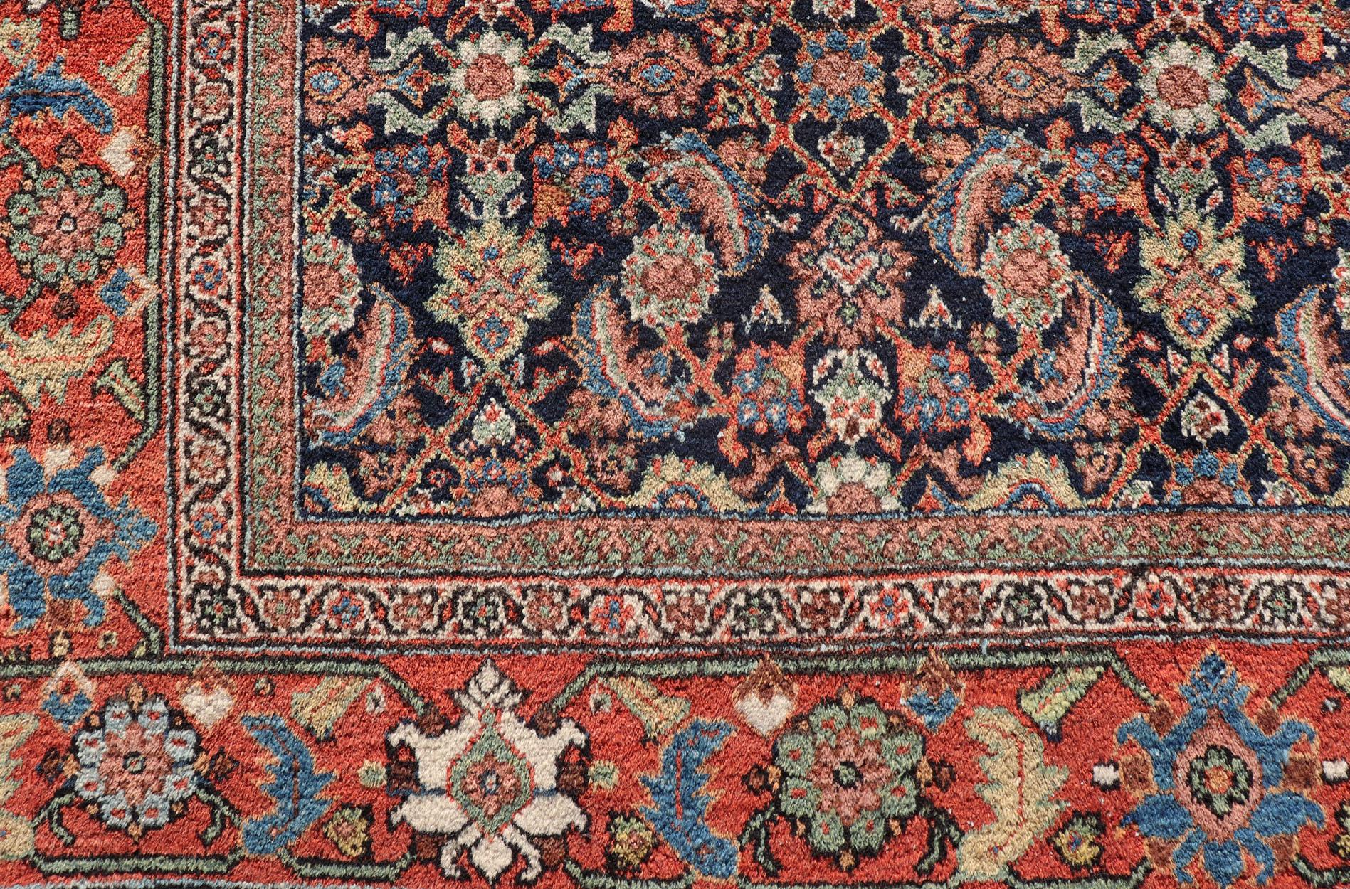Wool Antique Persian Sultanabad/Mahal Rug in Blue Background & Rust/Red Border
