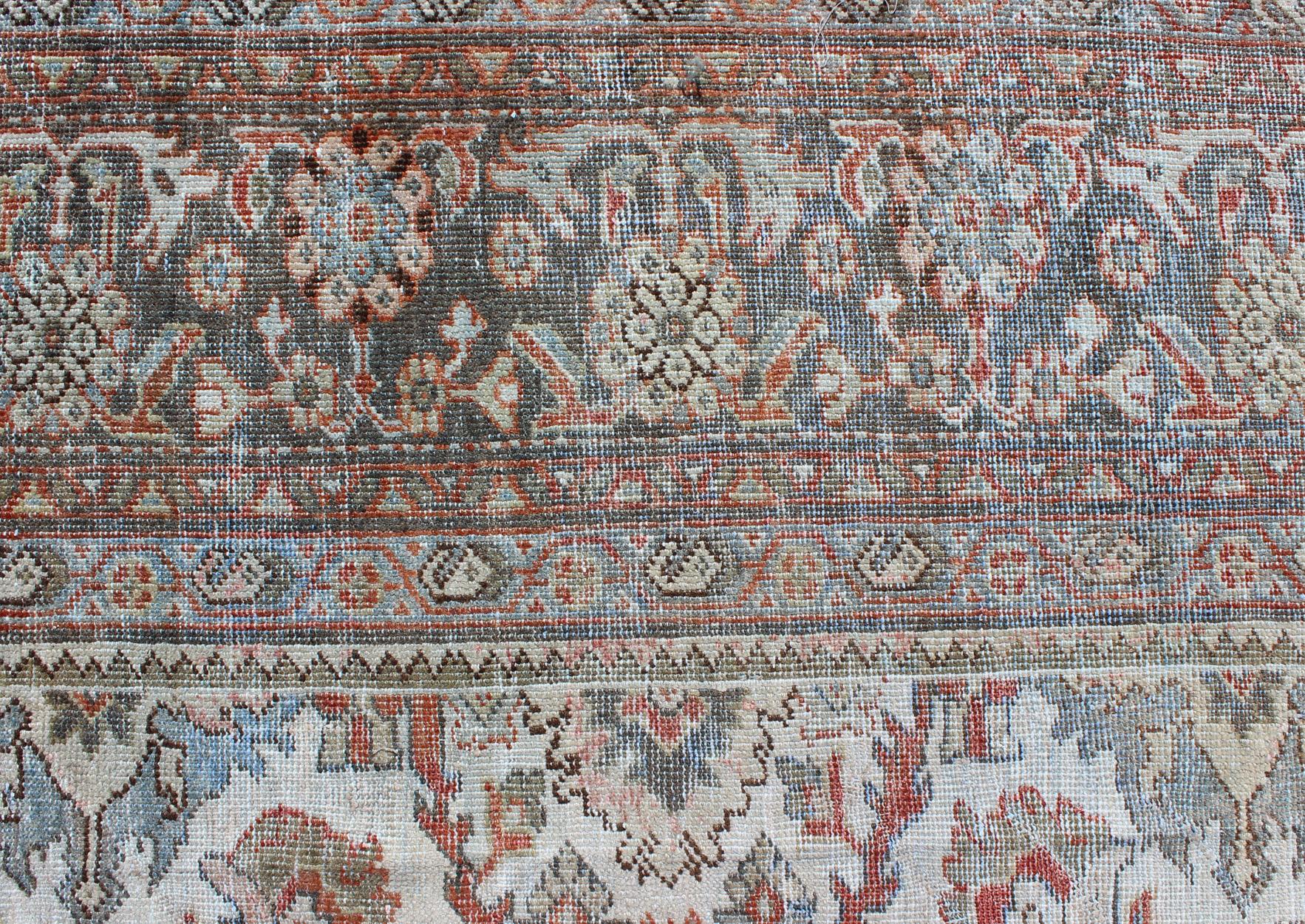 Antique Persian Sultanabad-Mahal Rug in Ivory, Terracotta, Light Blue, Charcoal For Sale 4