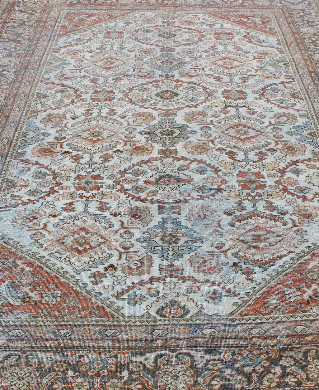 Antique Persian Sultanabad-Mahal Rug in Ivory, Terracotta, Light Blue, Charcoal For Sale 6