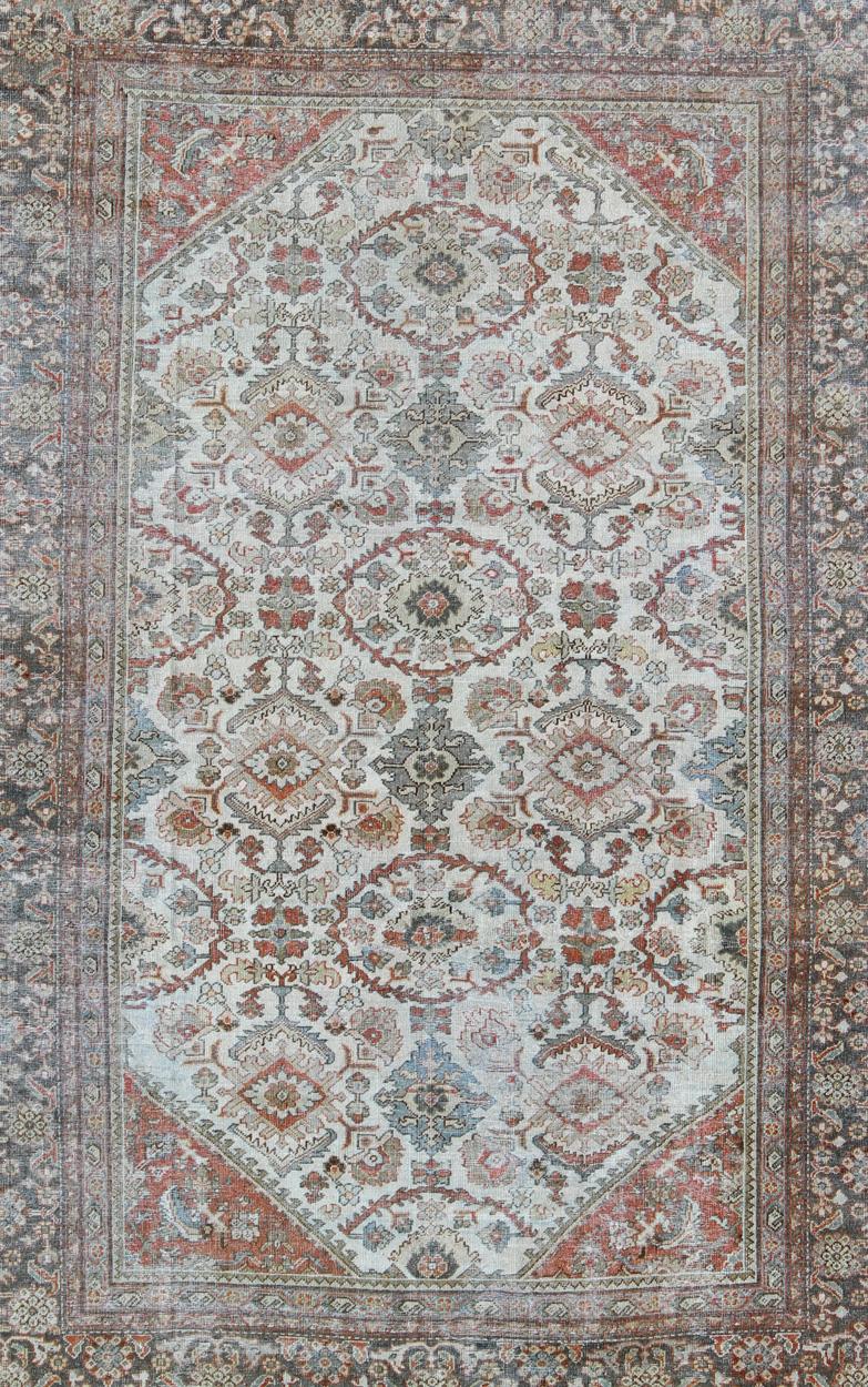 Hand-Knotted Antique Persian Sultanabad-Mahal Rug in Ivory, Terracotta, Light Blue, Charcoal For Sale
