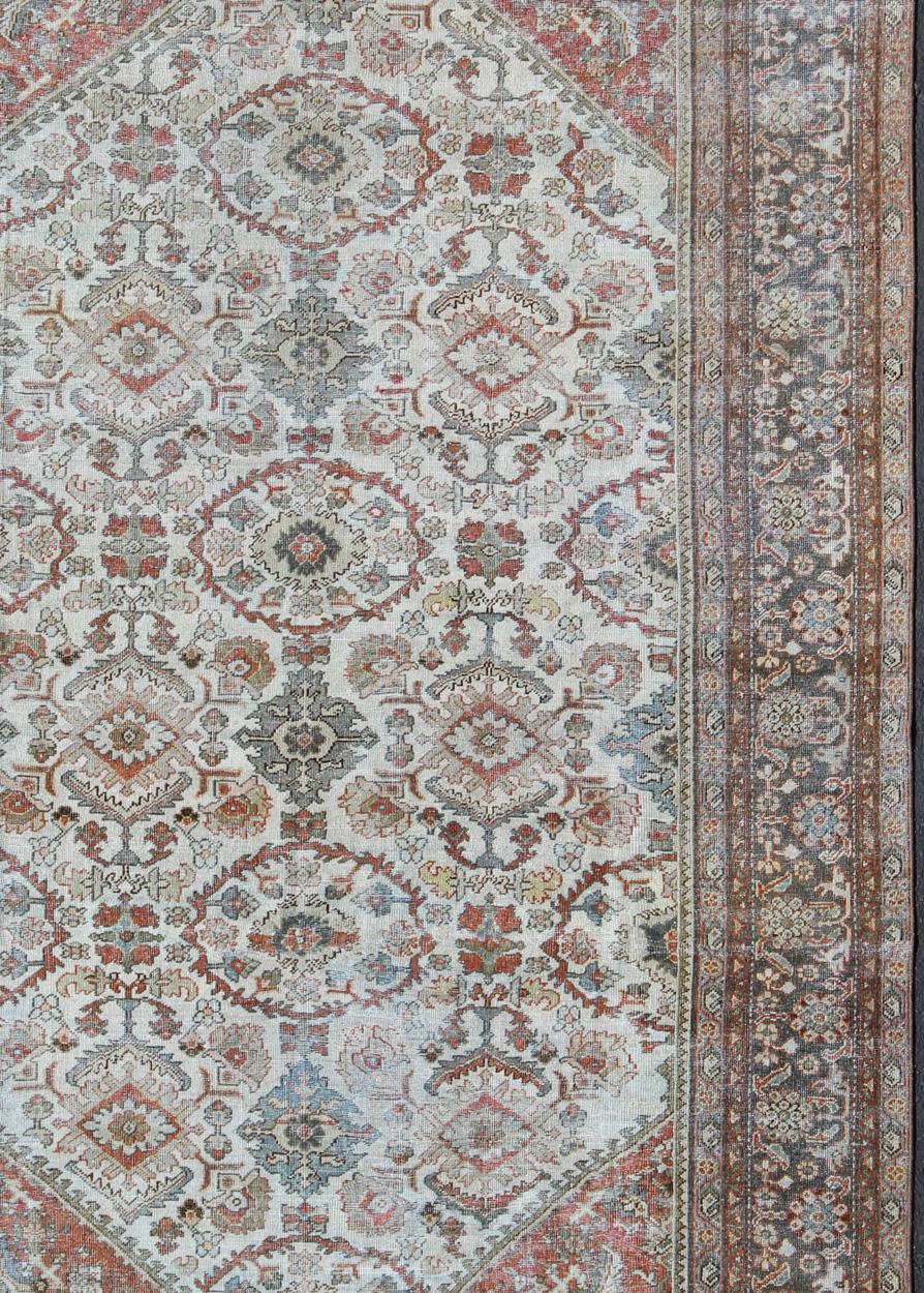Antique Persian Sultanabad-Mahal Rug in Ivory, Terracotta, Light Blue, Charcoal In Good Condition For Sale In Atlanta, GA