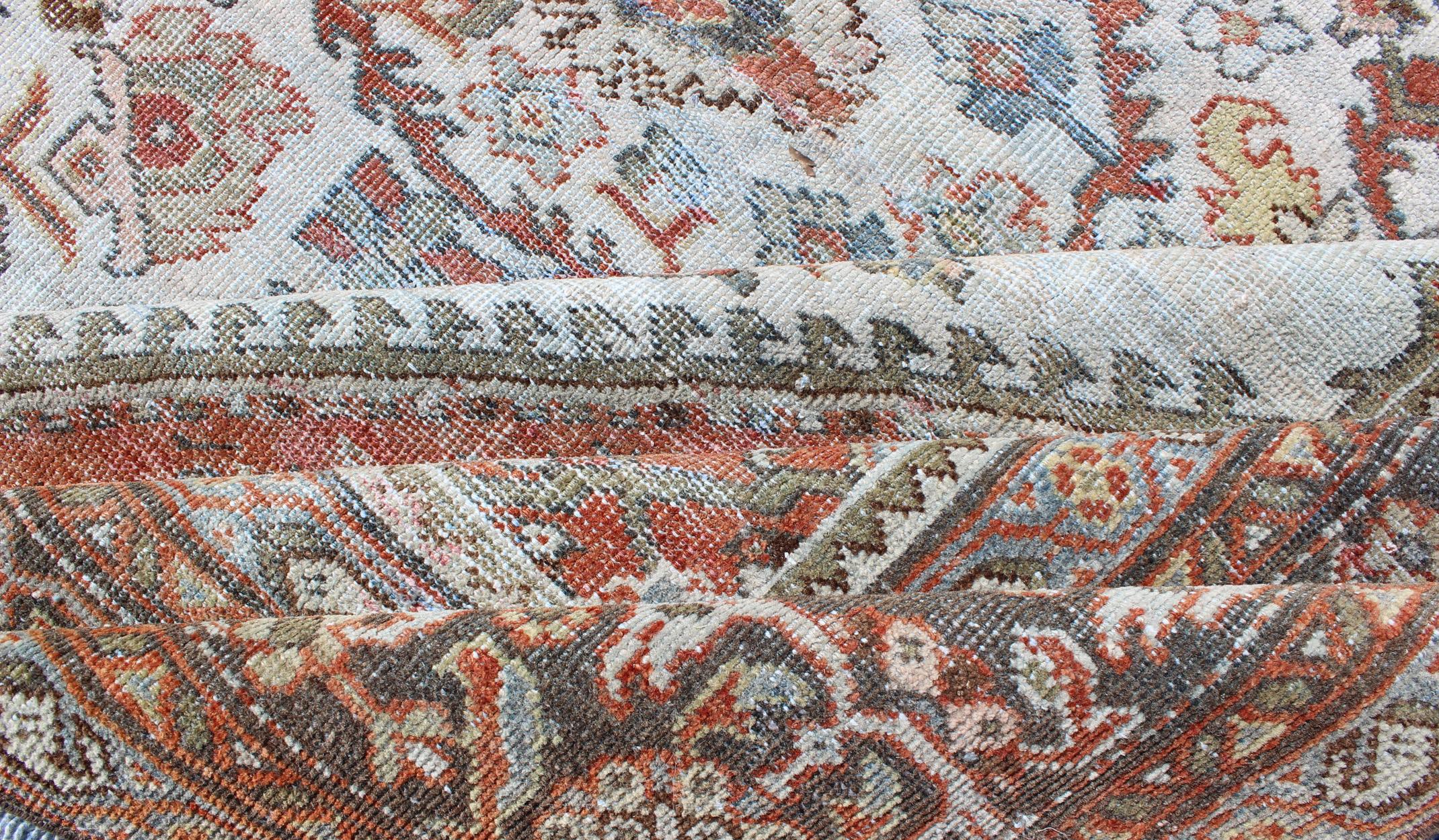 Early 20th Century Antique Persian Sultanabad-Mahal Rug in Ivory, Terracotta, Light Blue, Charcoal For Sale