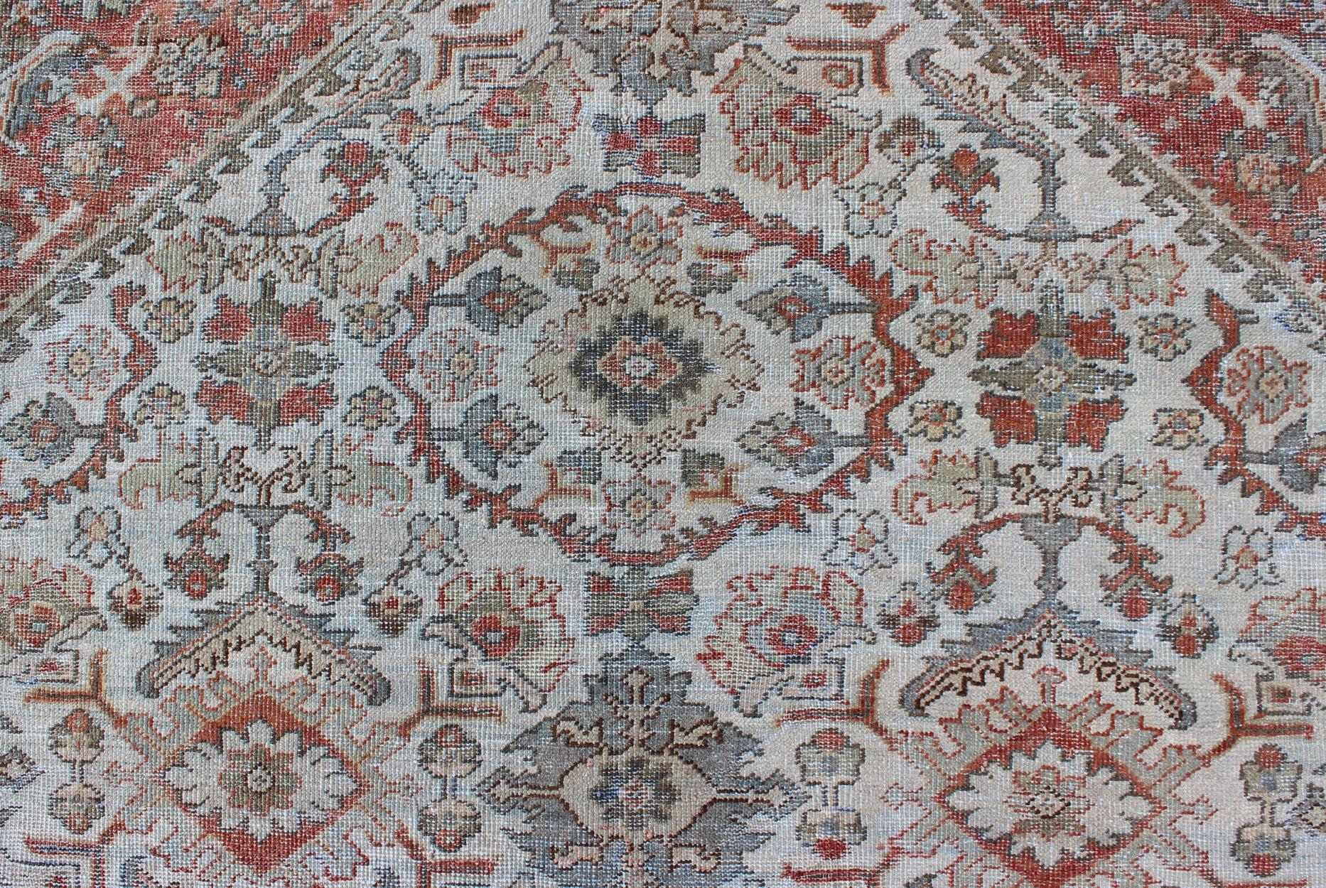 Antique Persian Sultanabad-Mahal Rug in Ivory, Terracotta, Light Blue, Charcoal For Sale 1
